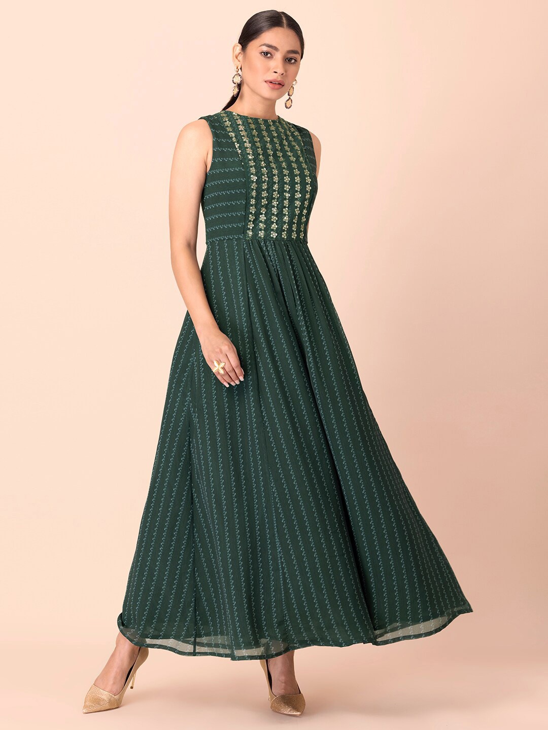 

INDYA Green Embellished Embroidered Chiffon Ethnic Maxi Dress