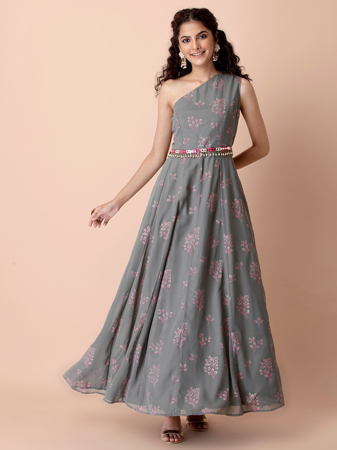 

INDYA Grey Floral One Shoulder Georgette Ethnic Maxi Dress