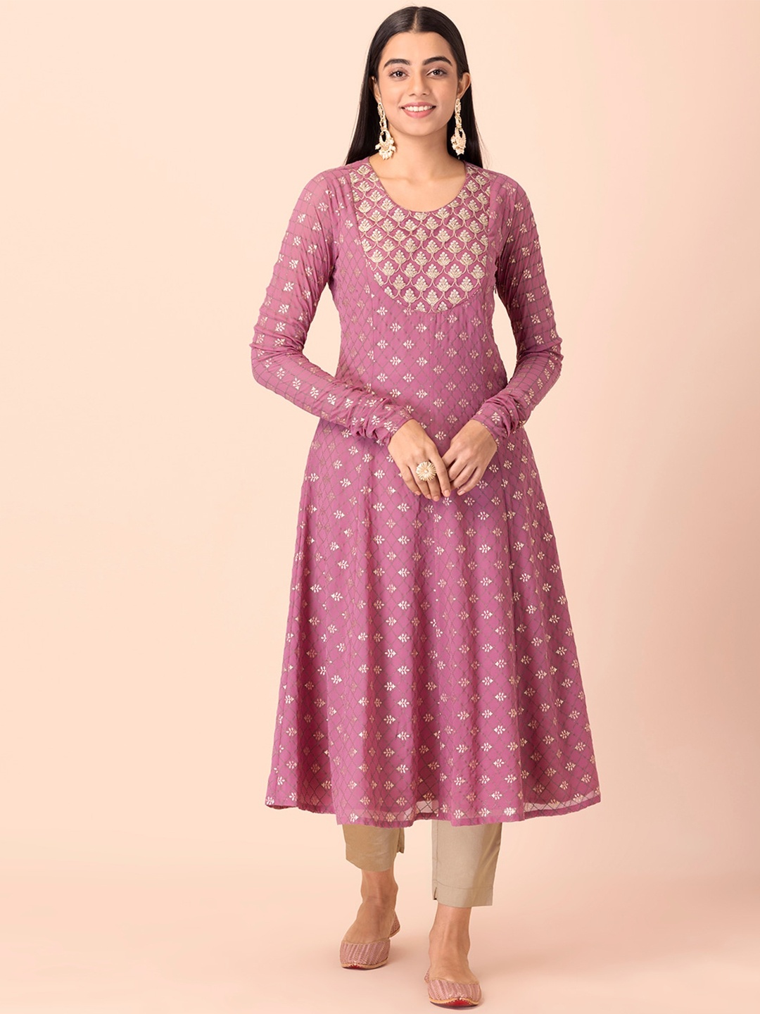

INDYA Women Pink Ethnic Motifs Embroidered Georgette Anarkali Kurta