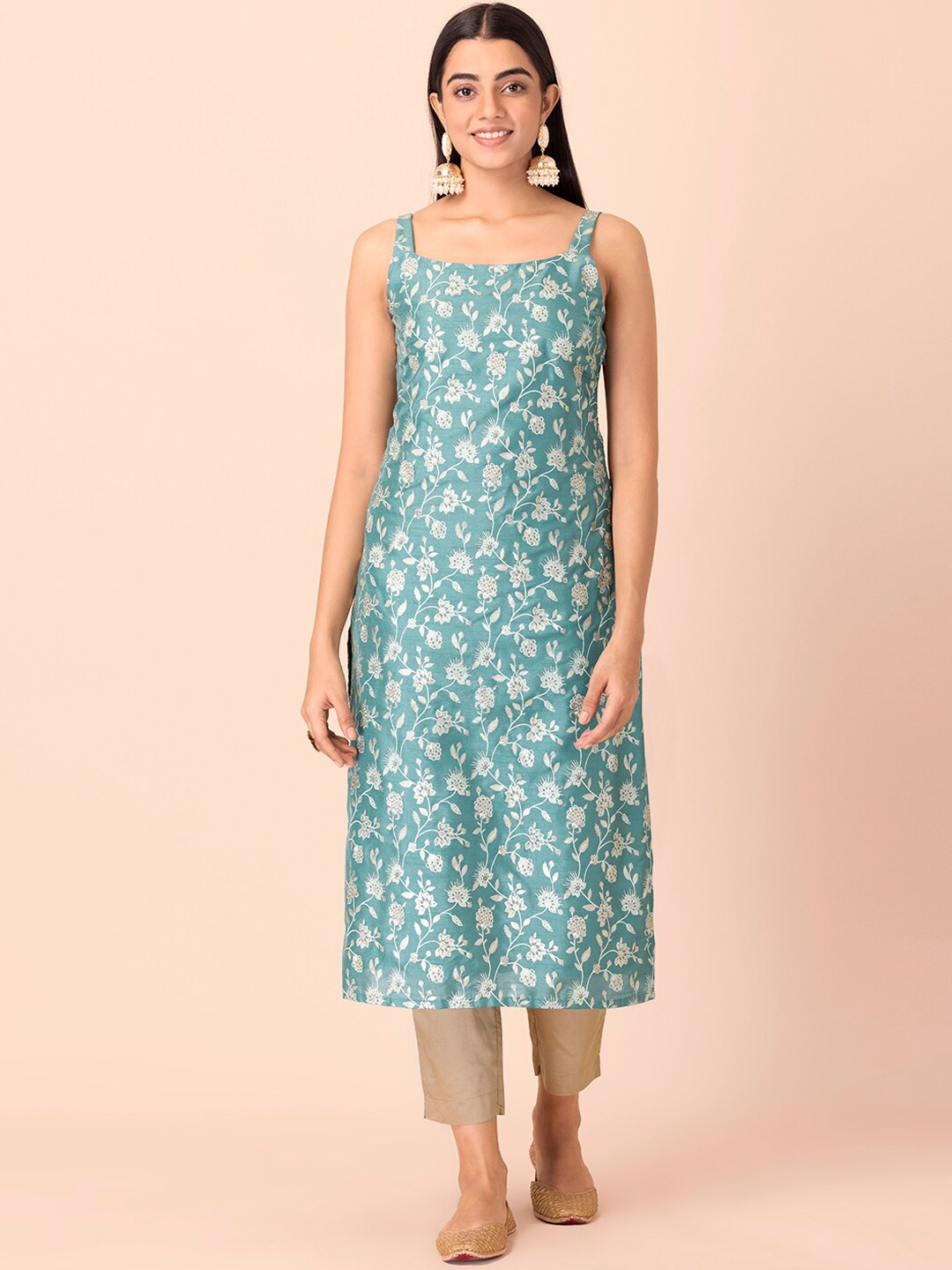

INDYA Women Sea Green & Off-White Floral Foil Printed Straight Kurta