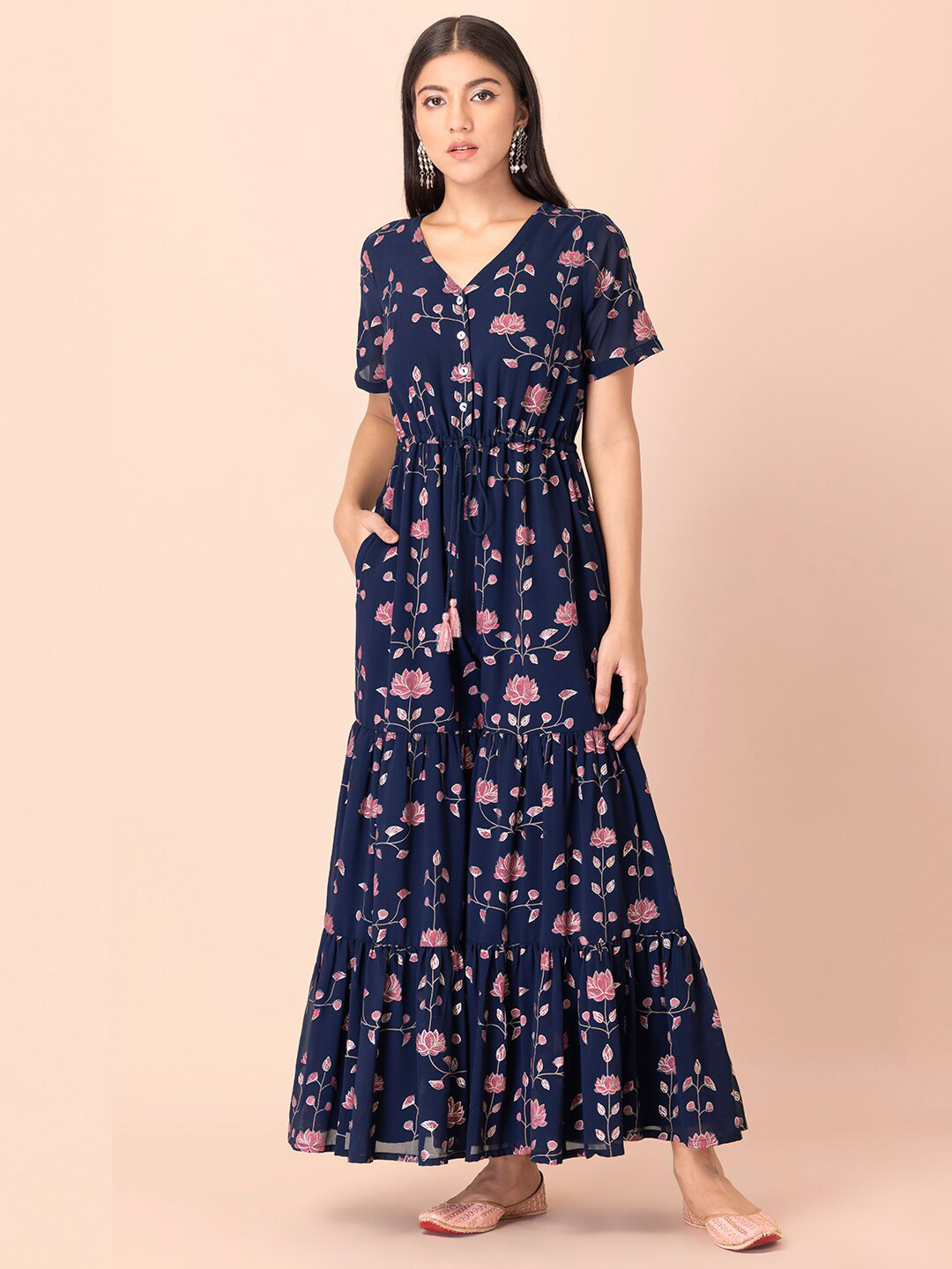 

INDYA Women Blue & Pink Printed Tiered Basic Jumpsuit