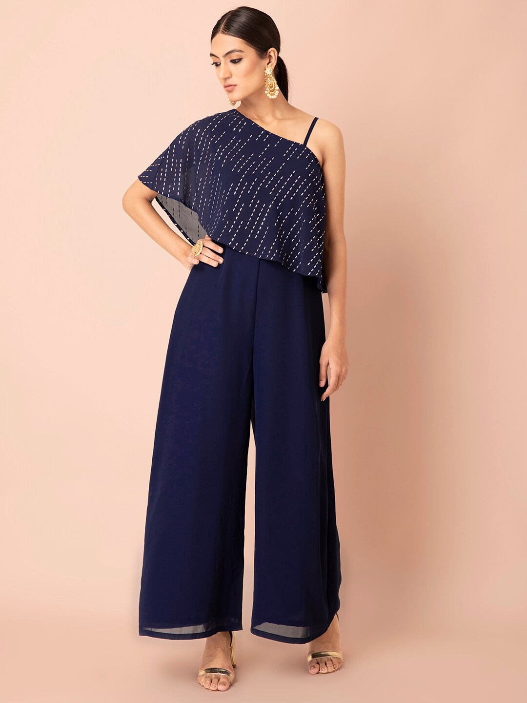 

INDYA Blue & Gold-Toned Foil Printed Jumpsuit