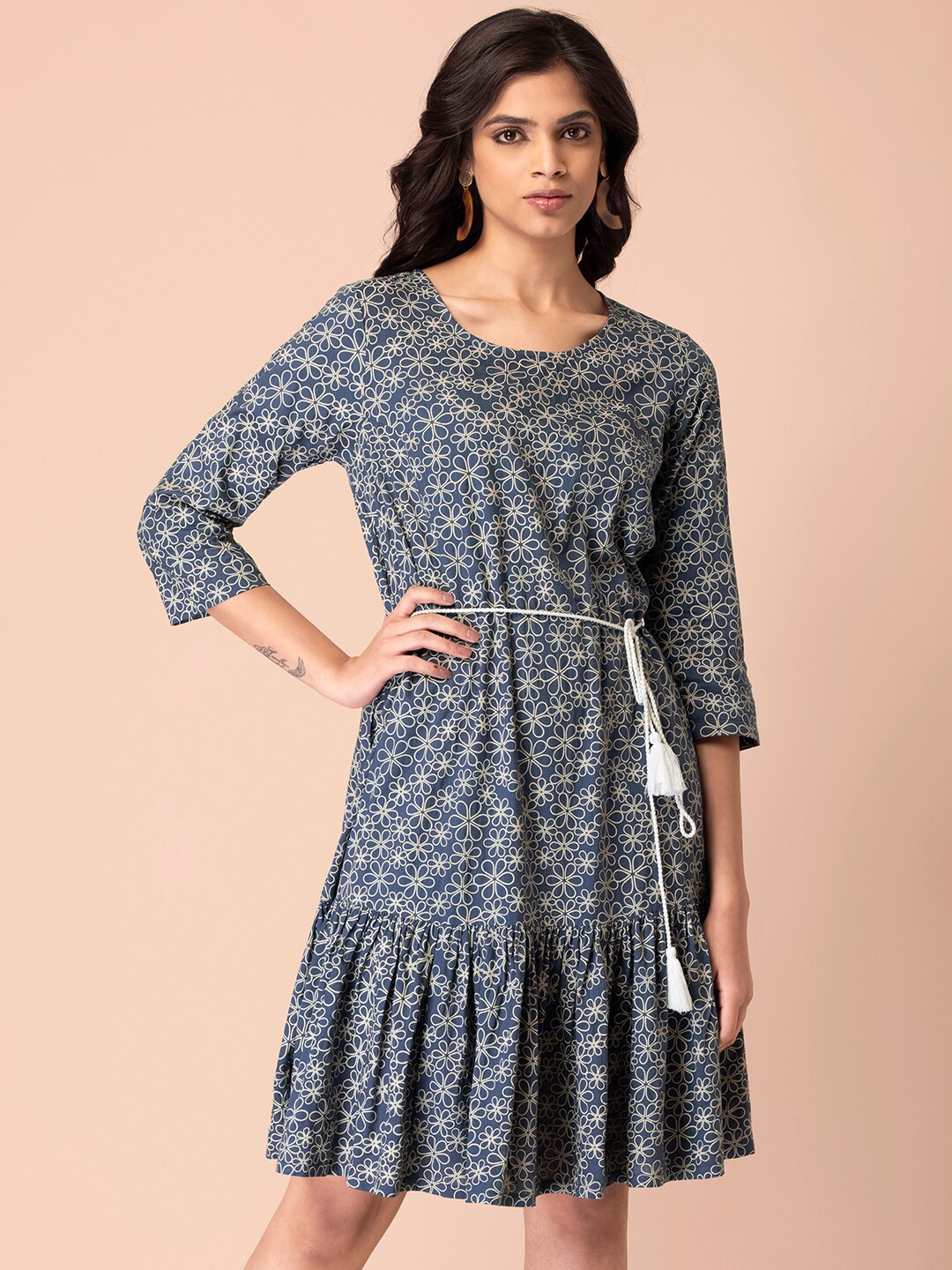 

INDYA Women Blue Floral A-Line Dress