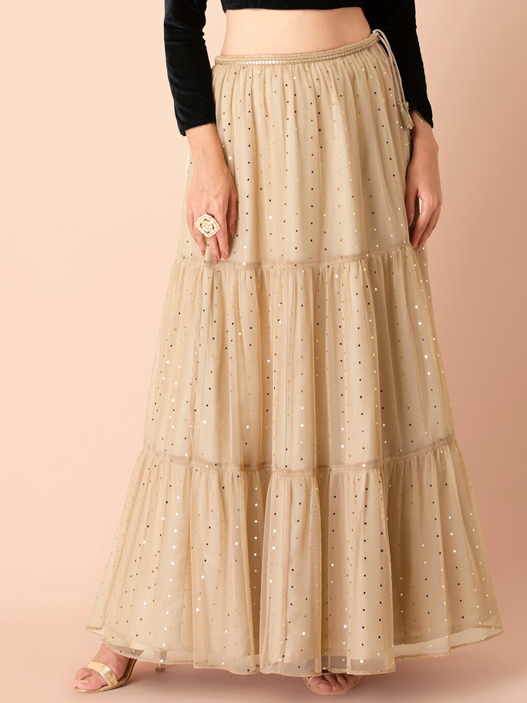 

INDYA Women Beige & Gold-Toned Foil Flared Tiered Maxi Skirt