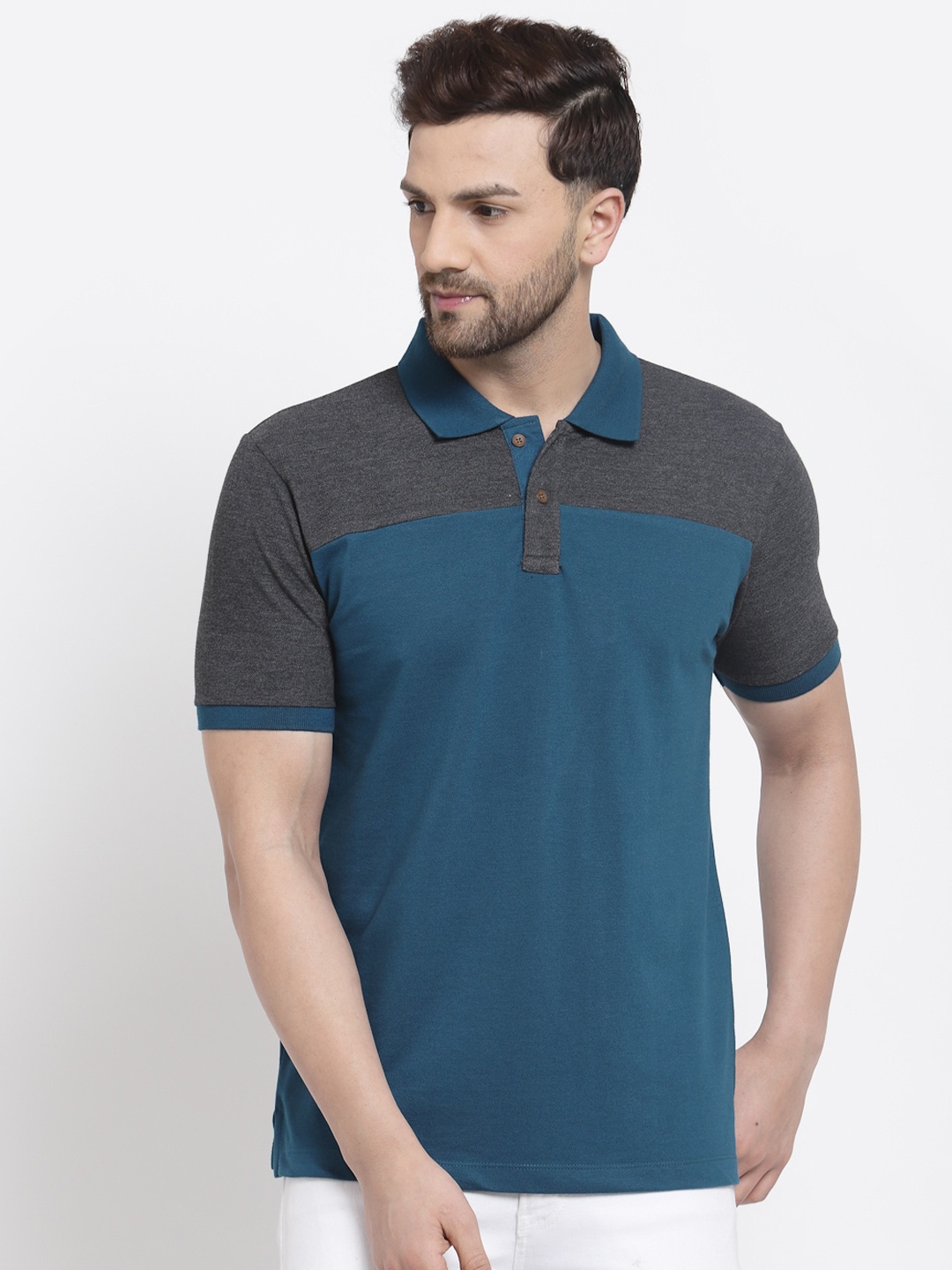 

Kalt Men Teal Green & Grey Colourblocked Polo Collar T-shirt