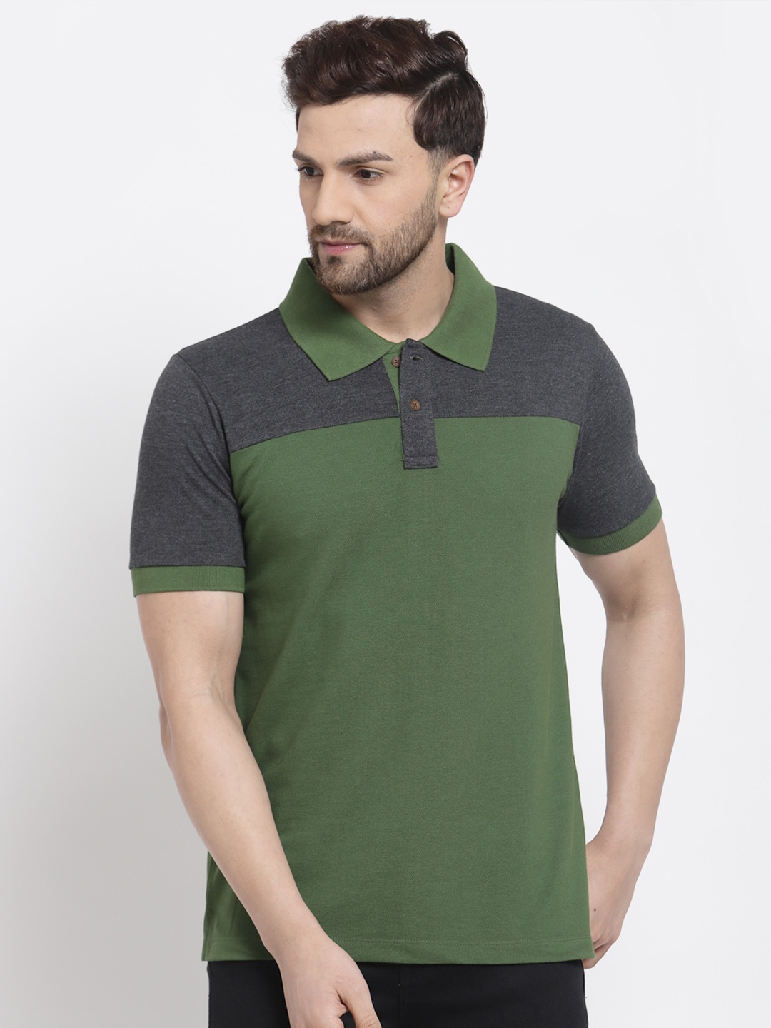

Kalt Men Green & Charcoal Grey Colourblocked Polo Collar T-shirt