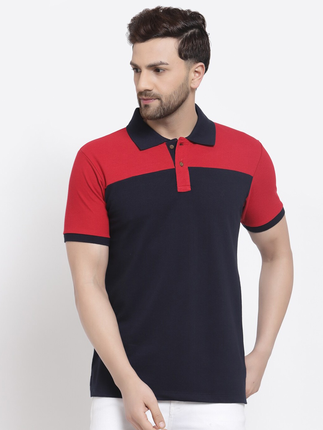 

Kalt Men Red & Navy Blue Colourblocked Polo Collar T-shirt