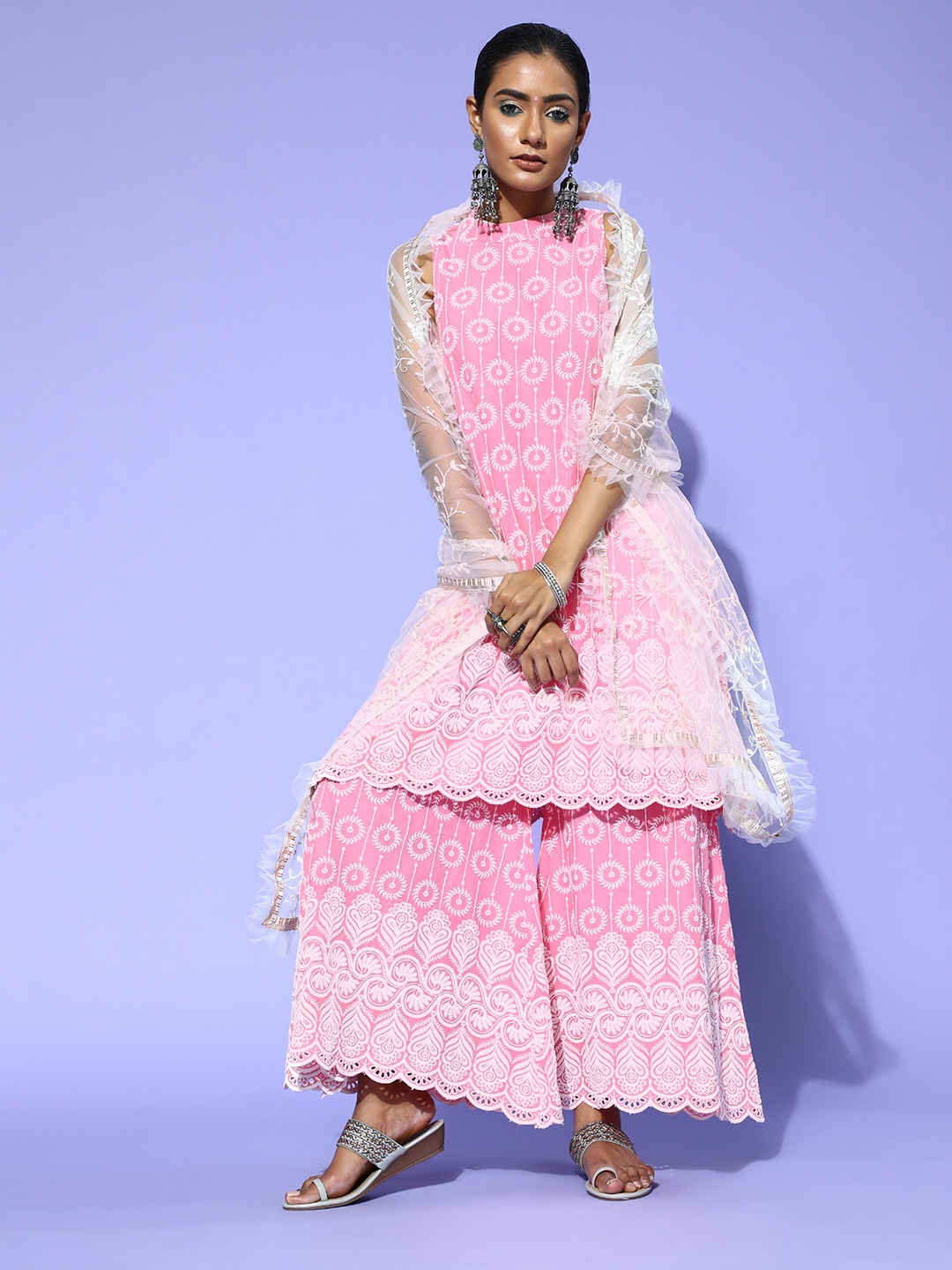 

InWeave Pink Pure Cotton Embroidered New Neckline Kurta Set