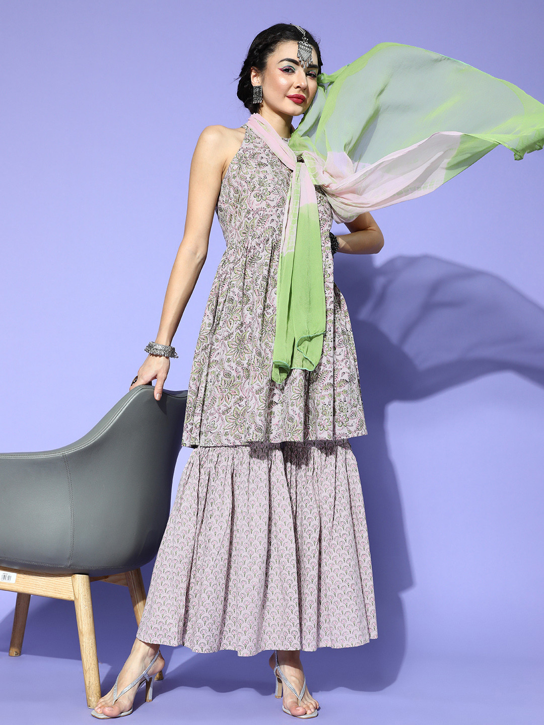 

InWeave Grey Pure Cotton Print Parade Kurta Set