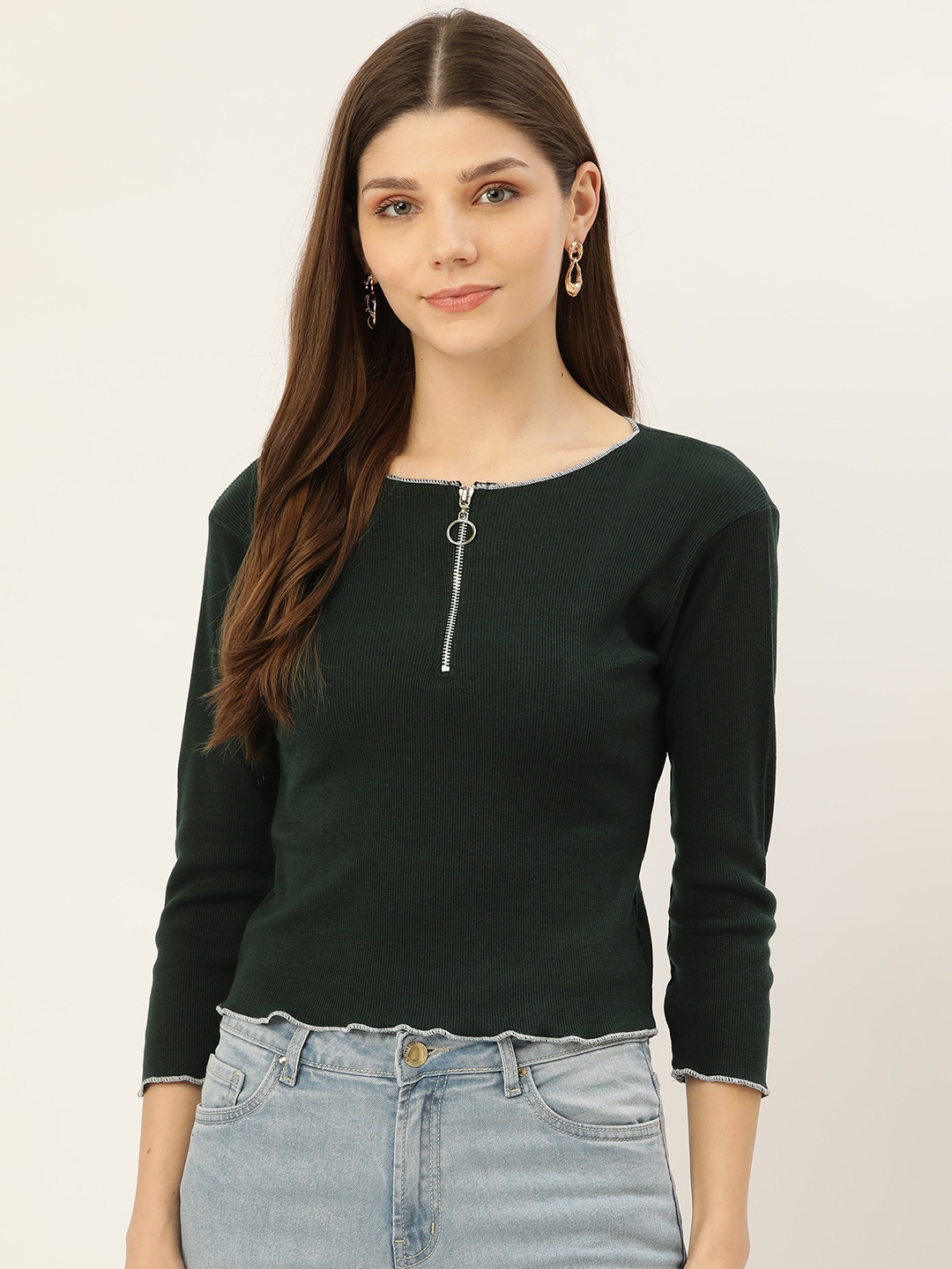 

BROOWL Green Self Striped Crepe Top