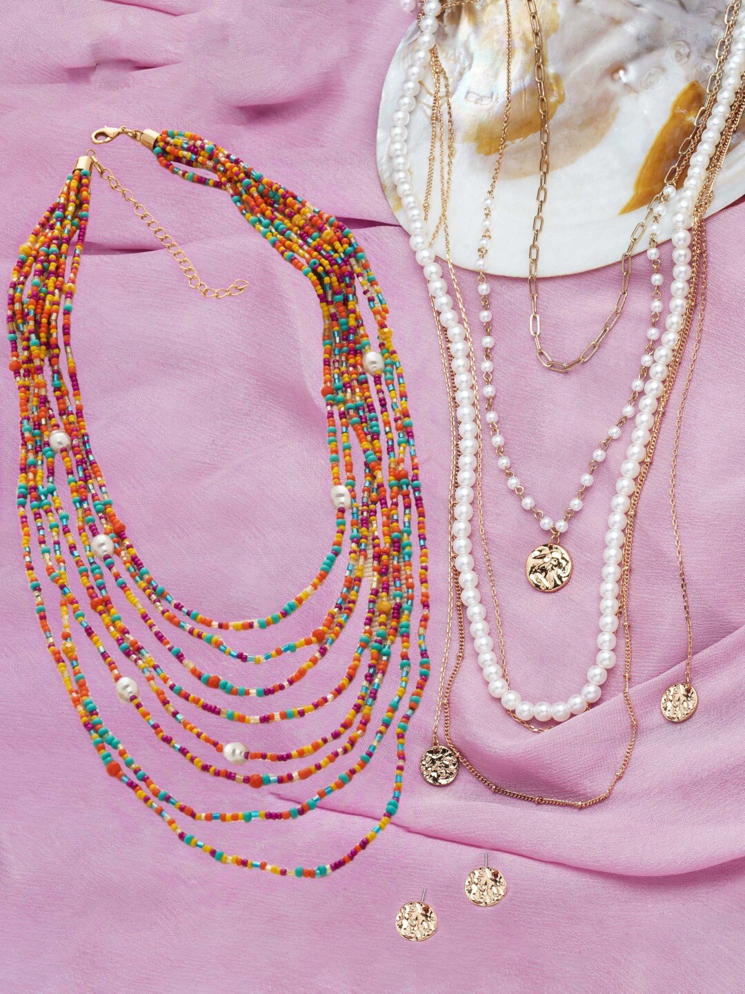 

AMI Women Pack Of 2 Gold-Toned & Red Beaded Necklace Multi Layered Necklace