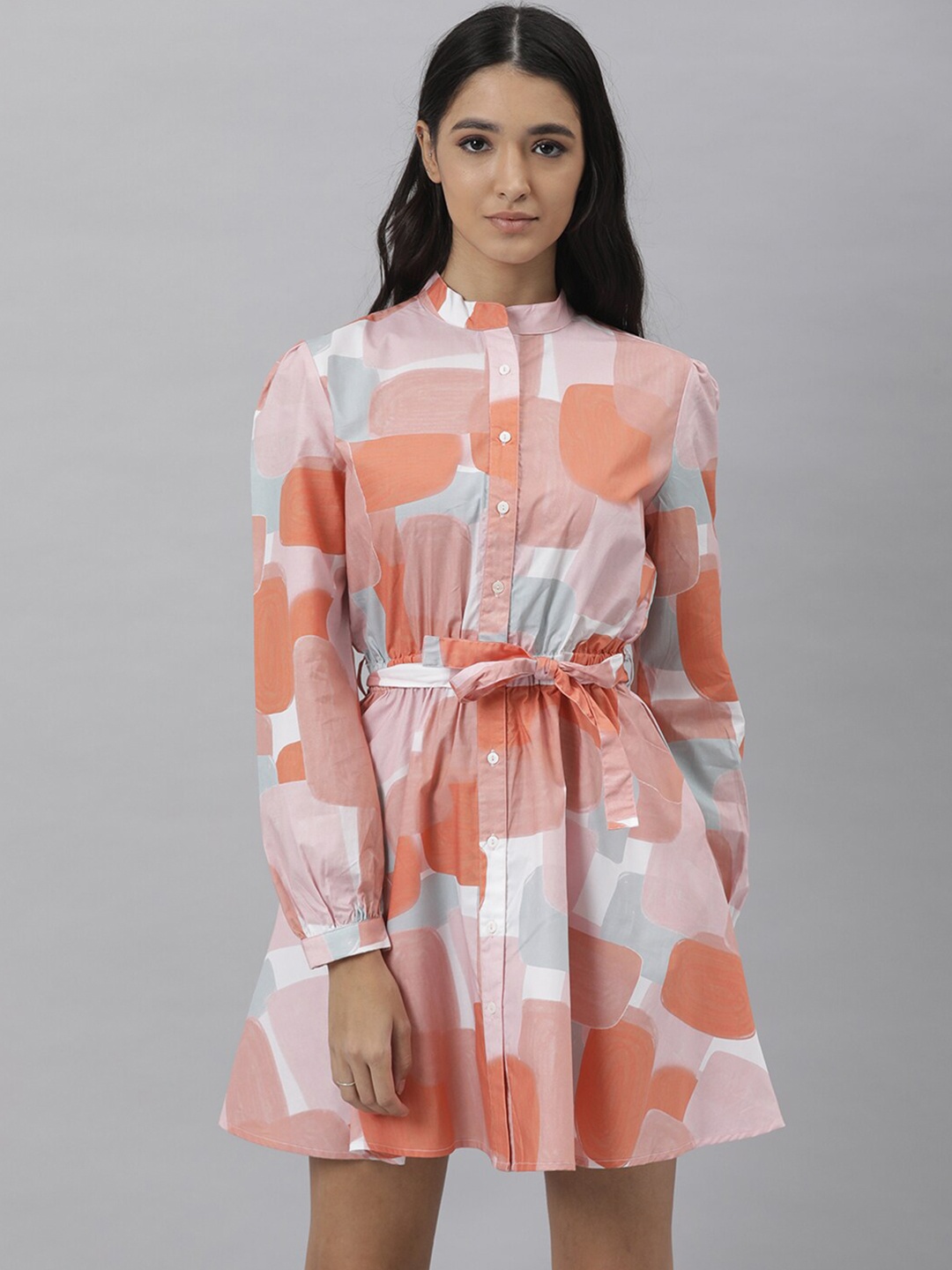 

RAREISM Peach-Coloured & White Belted Satin Shirt Dress