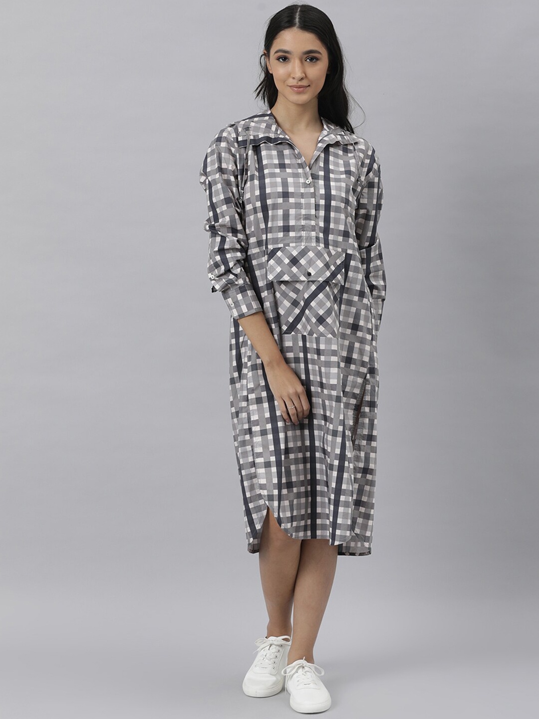 

RAREISM Grey & White Checked Cotton Shirt Midi Dress