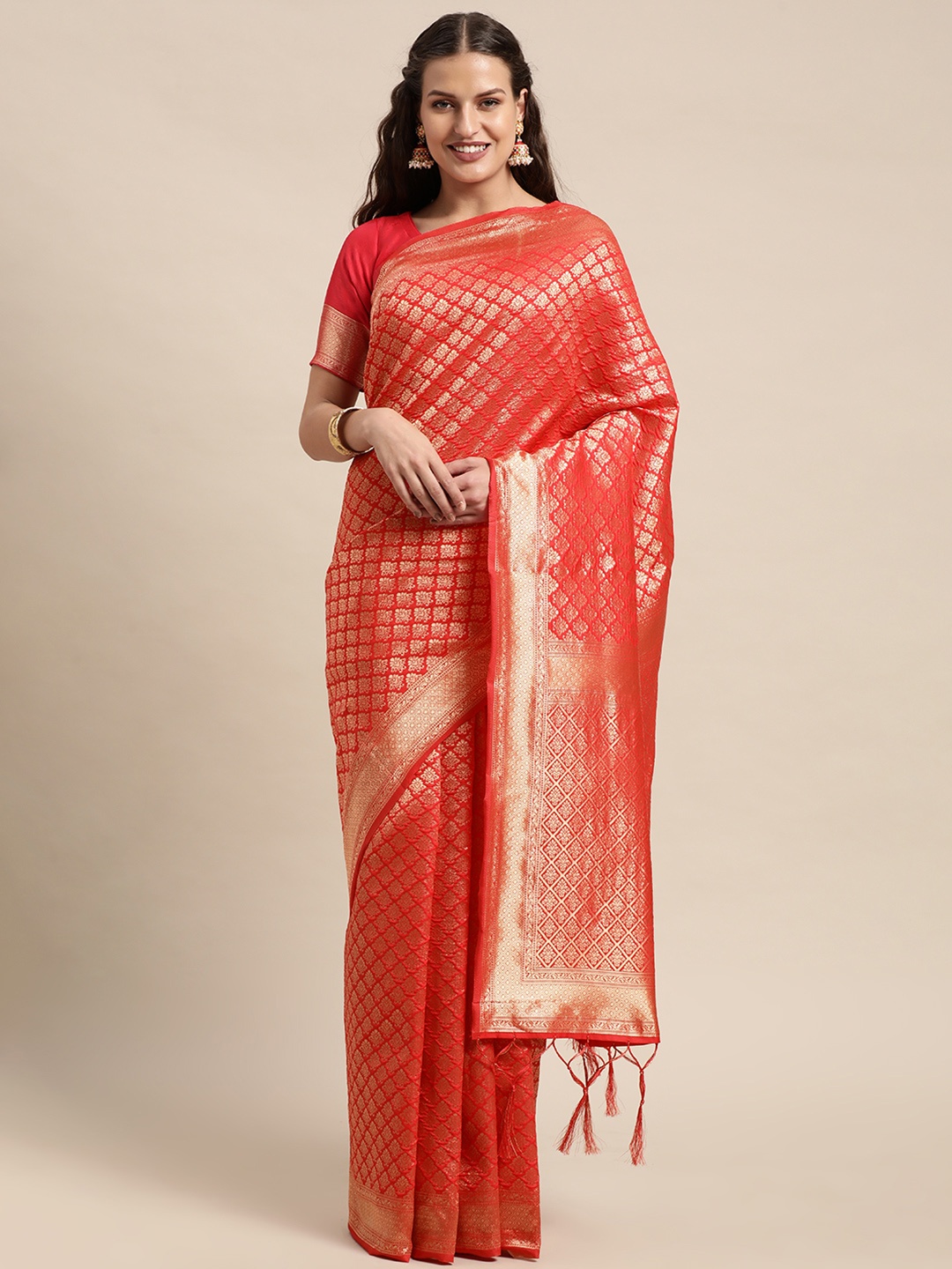 

DIVASTRI Red & Gold-Toned Ethnic Motifs Zari Art Silk Banarasi Saree