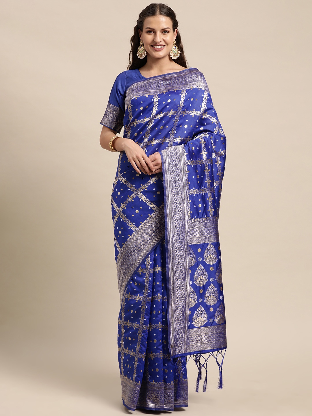 

DIVASTRI Blue & Silver-Toned Ethnic Motifs Zari Art Silk Banarasi Saree