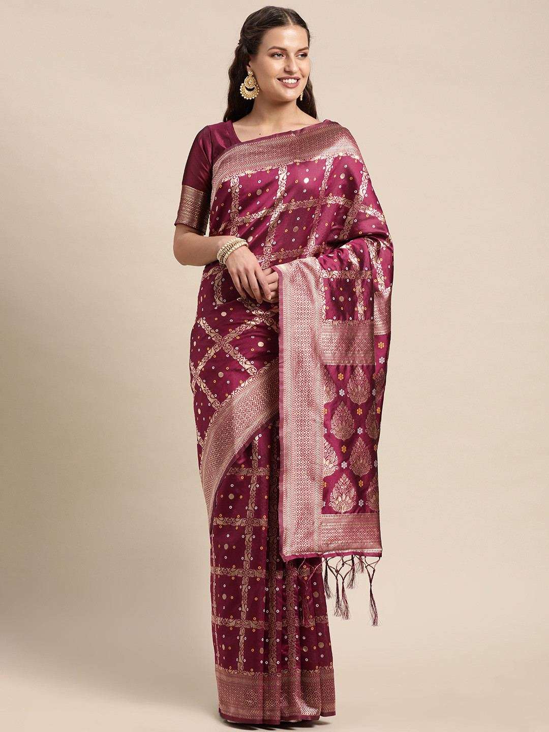 

DIVASTRI Purple & Gold-Toned Ethnic Motifs Zari Art Silk Banarasi Saree