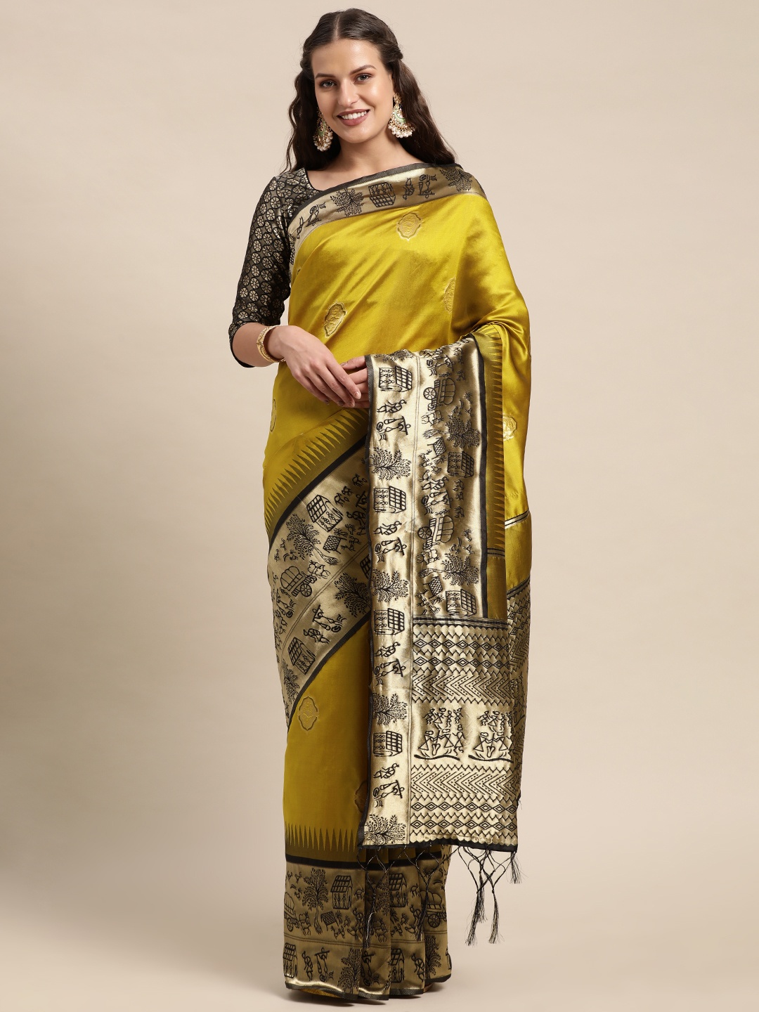 

DIVASTRI Yellow & Black Ethnic Motifs Zari Art Silk Banarasi Saree
