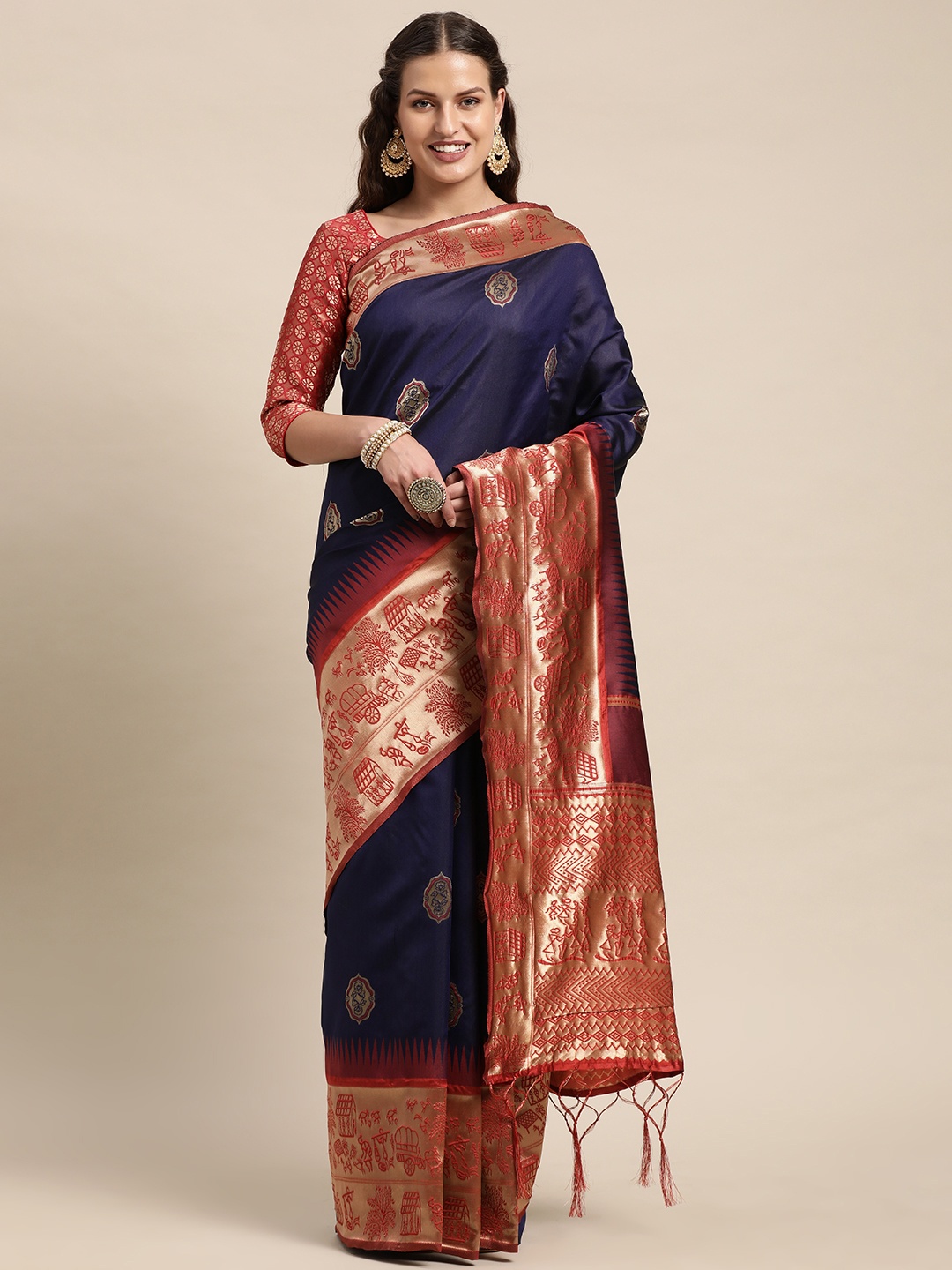

DIVASTRI Navy Blue & Red Ethnic Motifs Zari Art Silk Banarasi Saree