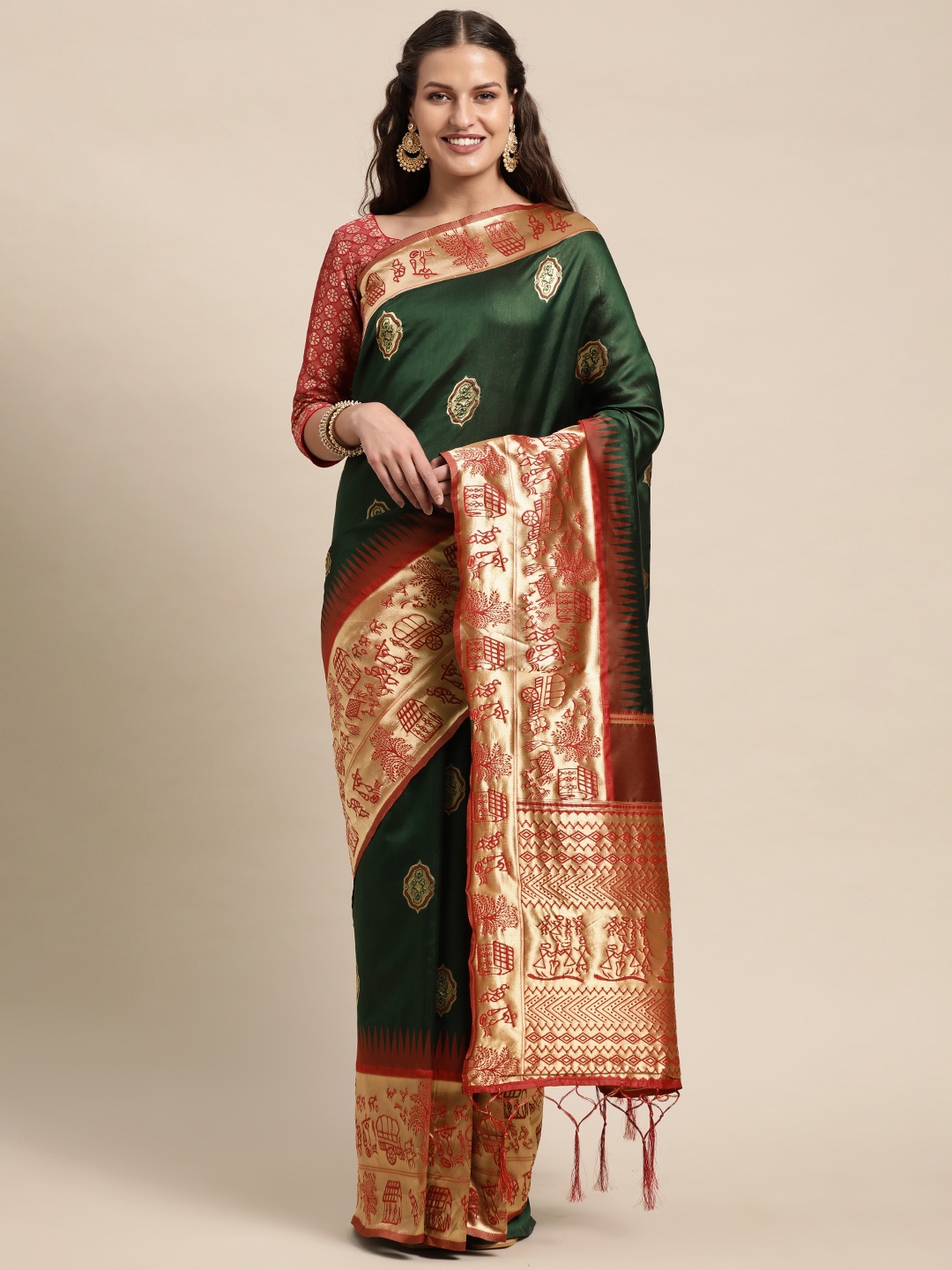 

DIVASTRI Green & Gold-Toned Ethnic Motifs Zari Art Silk Banarasi Saree