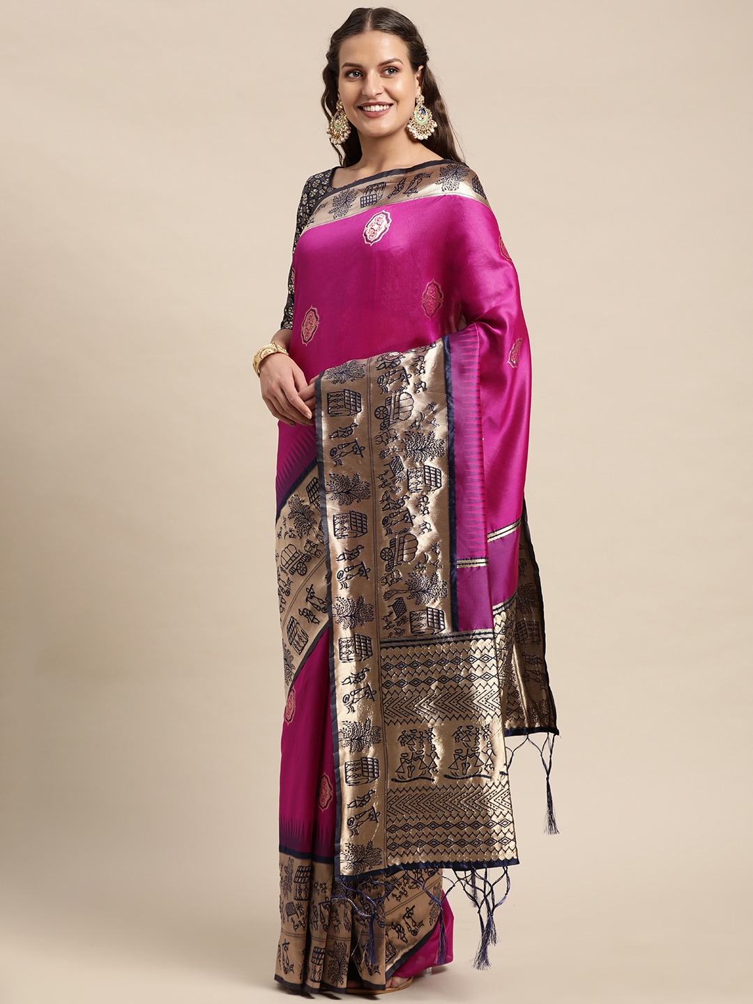 

DIVASTRI Pink & Gold-Toned Ethnic Motifs Zari Art Silk Banarasi Saree