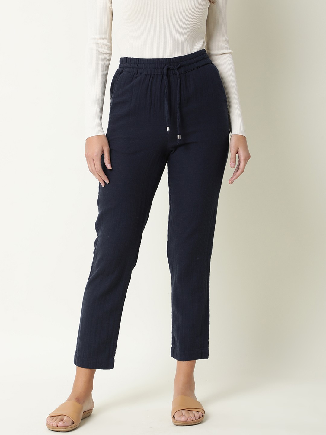 

RAREISM Women Navy Blue Tailored High-Rise Cotton Trousers