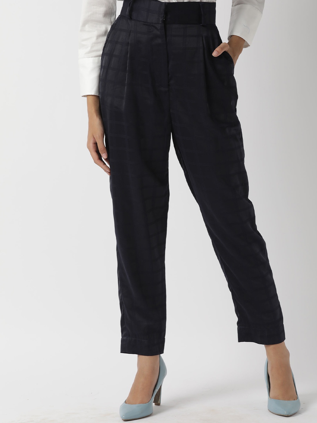 

RAREISM Women Navy Blue Checked Tailored High-Rise Pleated Cotton Trousers