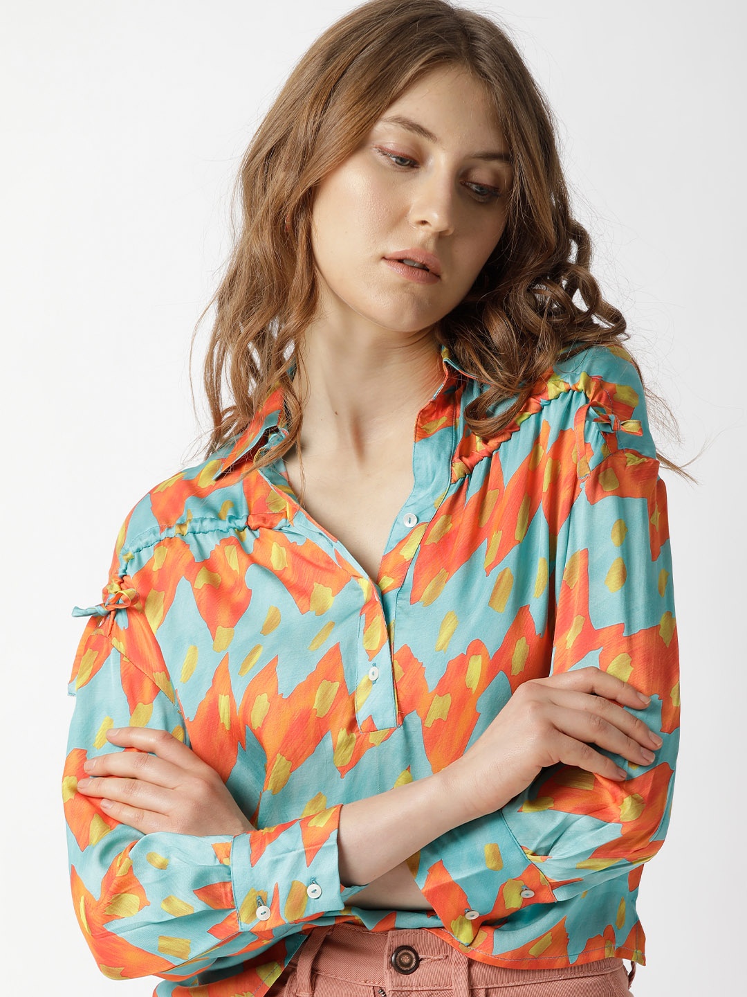 

RAREISM Orange & Turquoise Blue Geometric Print Shirt Style Top