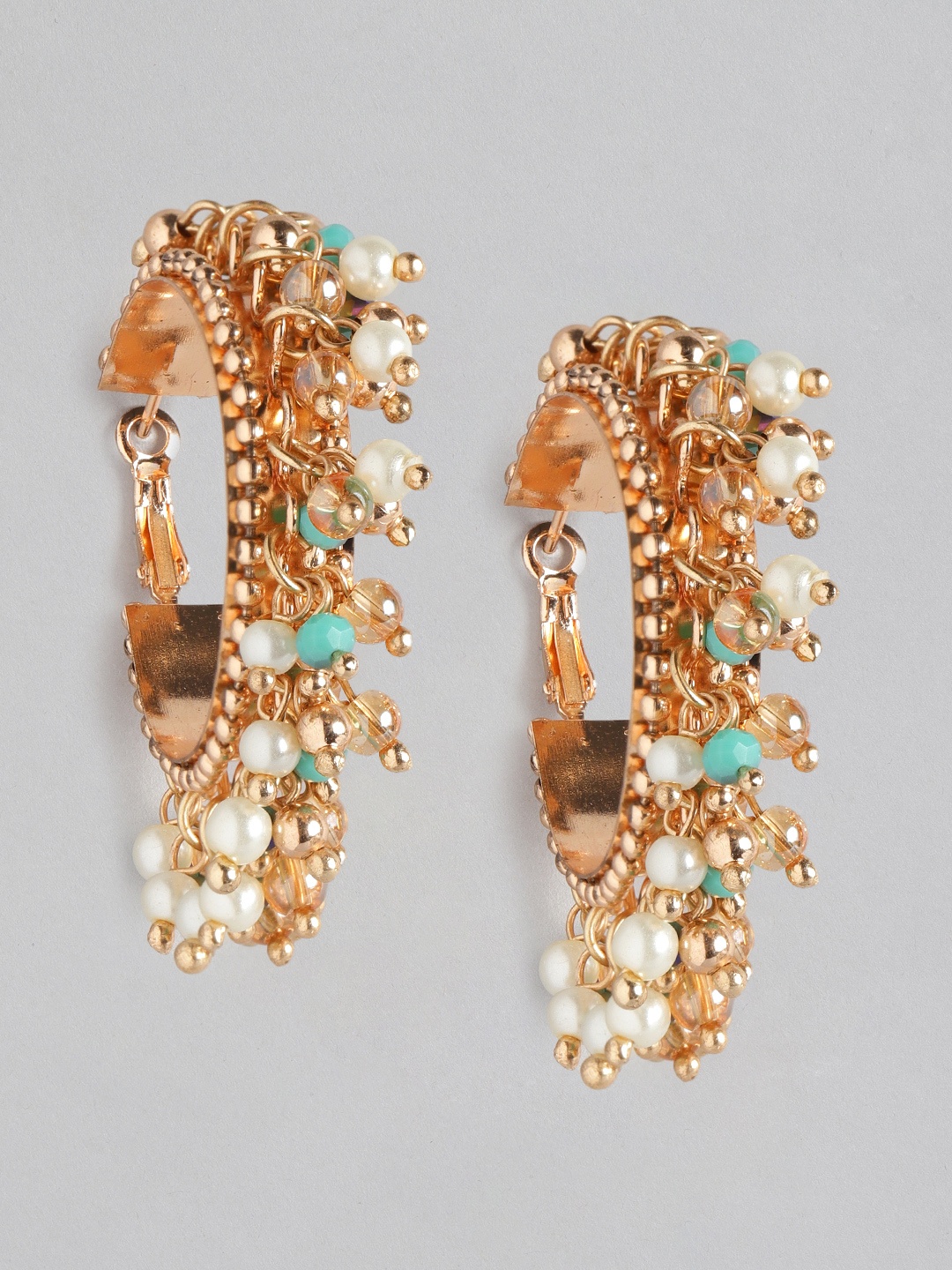 

Blueberry Cream-Coloured & Sea Green Gold-Plated Beaded Crescent Shaped Half Hoop Earrings