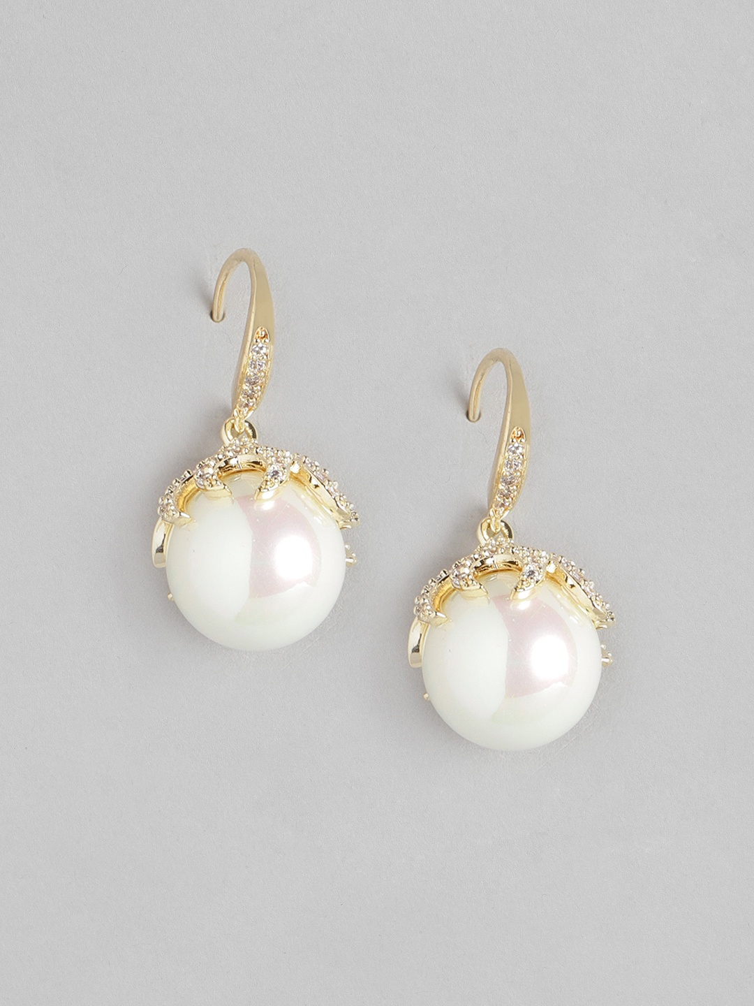 

Blueberry White Gold-Plated Stone Studded & Beaded Spherical Drop Earrings