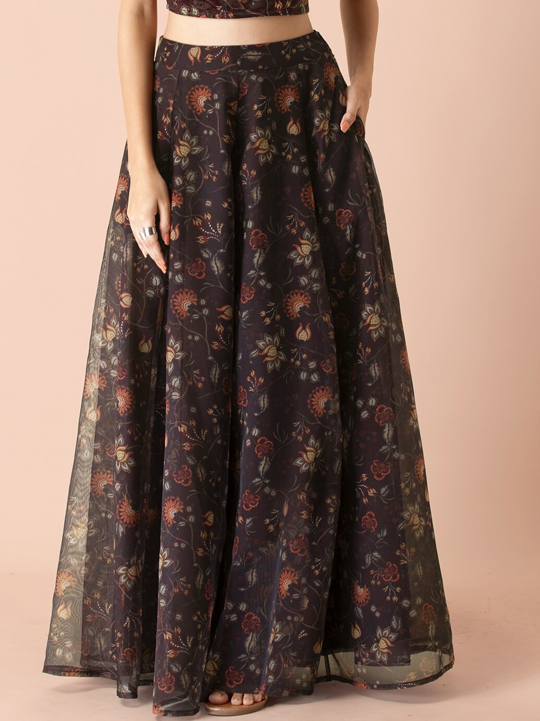 

Earthen BY INDYA Women Brown & Green Printed Organza Flared Maxi Skirt