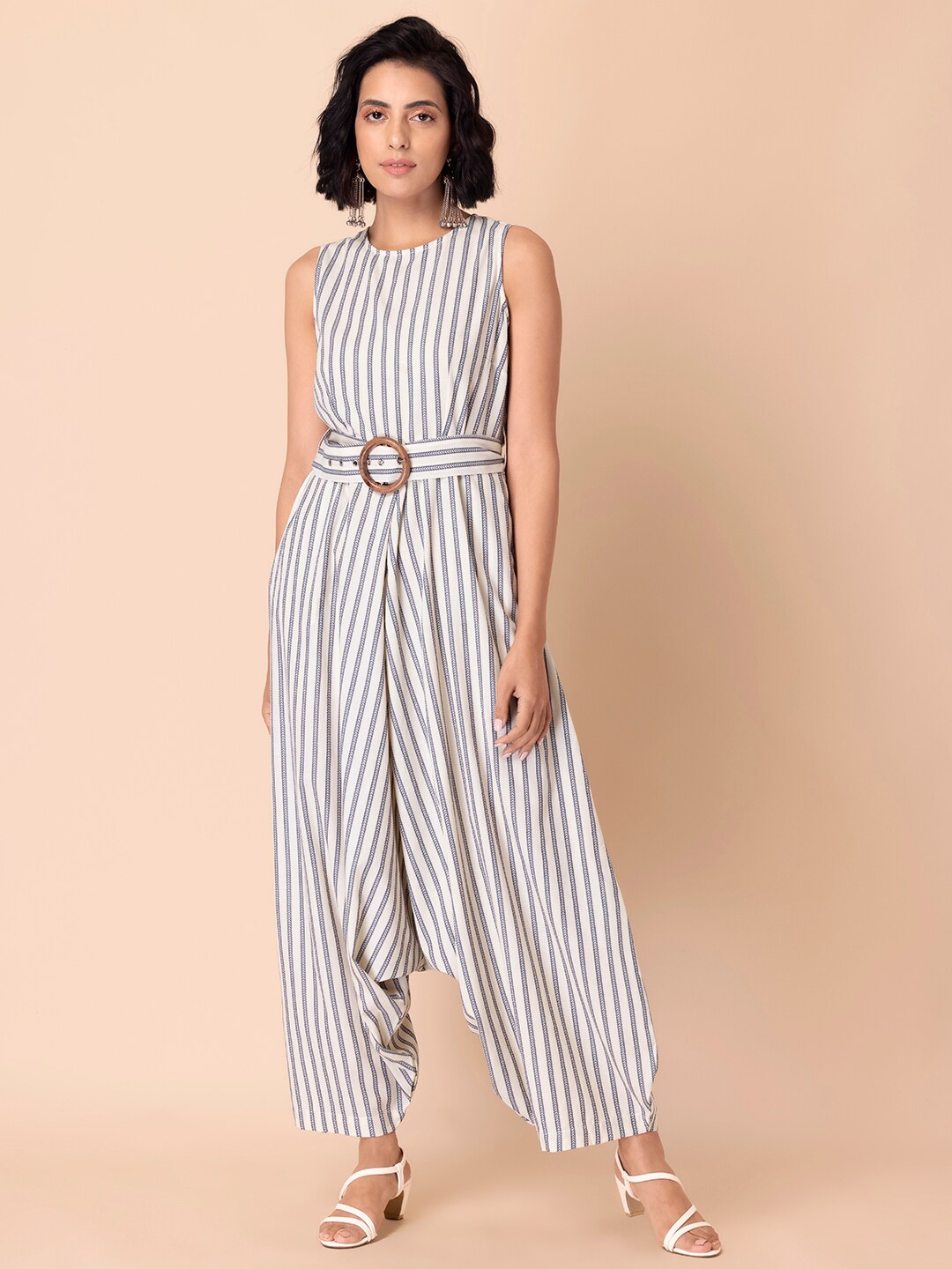 

Earthen BY INDYA Beige & Grey Striped Pure Cotton Cowl Jumpsuit
