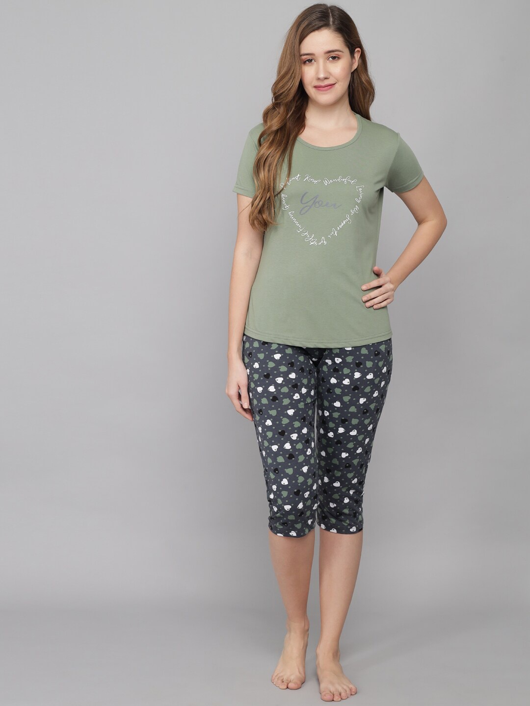 

ANTI CULTURE Women Grey & Green Printed Pure Cotton Night suits