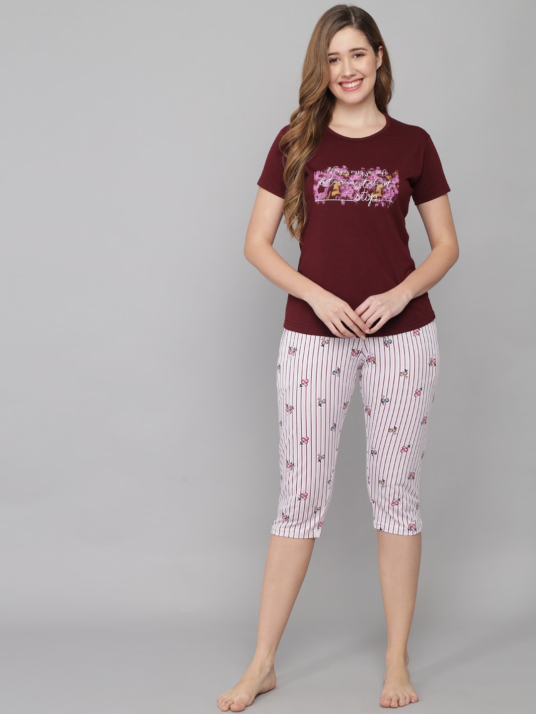 

ANTI CULTURE Women Maroon & White Printed Pure Cotton Night suit