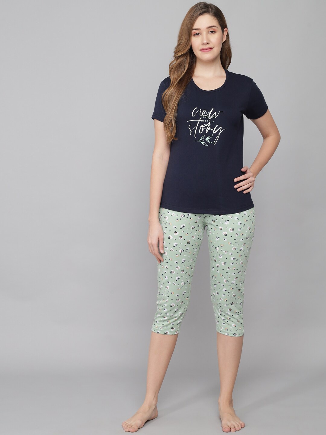 

ANTI CULTURE Women Navy Blue & Mint Green Printed Pure Cotton Night suits
