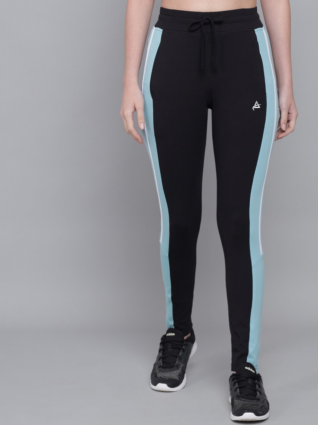 

ANTI CULTURE Women Black Blue Side Striped Skinny-Fit Tights