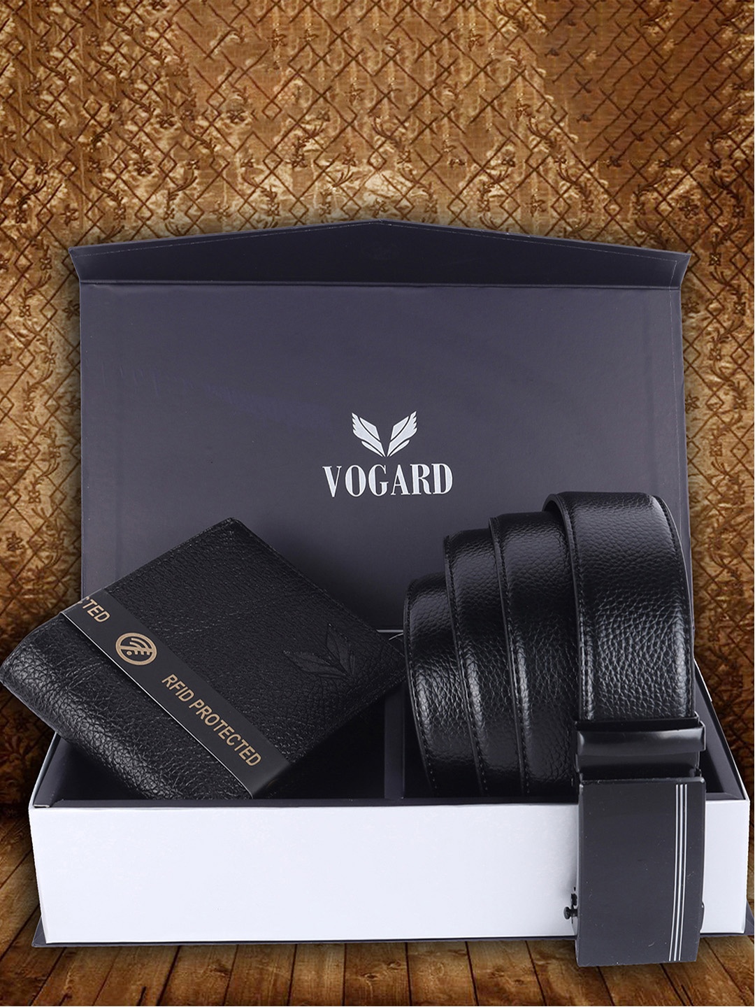 

Vogard Men Black Pu Formal Belt And RFID Protected Genuine Leather Wallet Combo