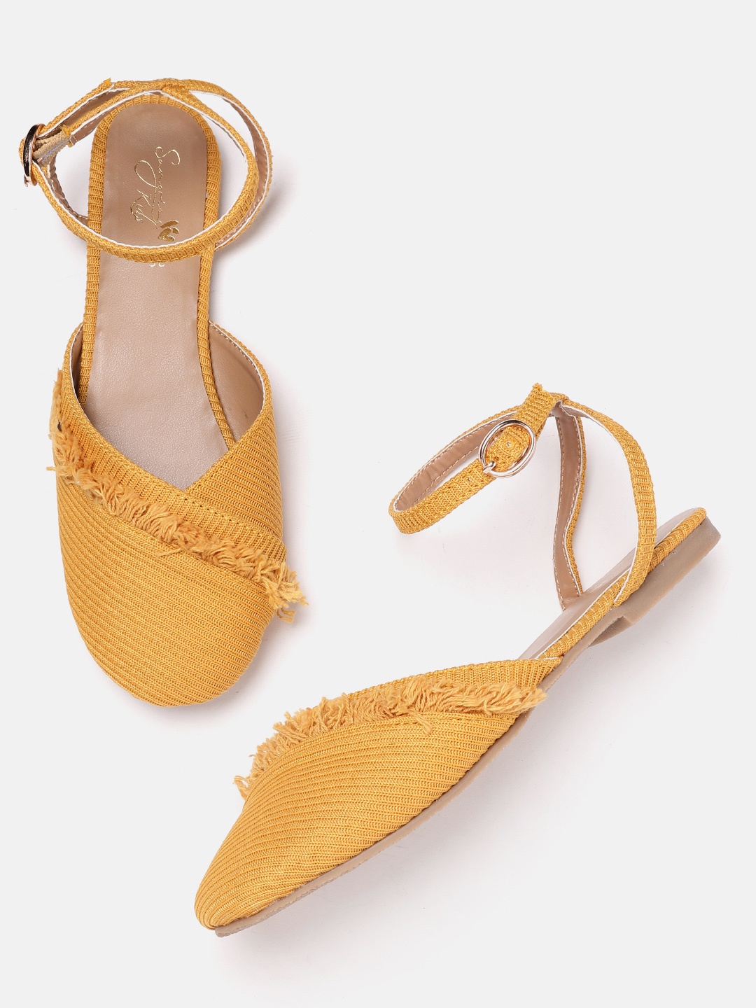 

Sangria Girls Mustard Yellow Self Striped Fringed Mid-Top Mules