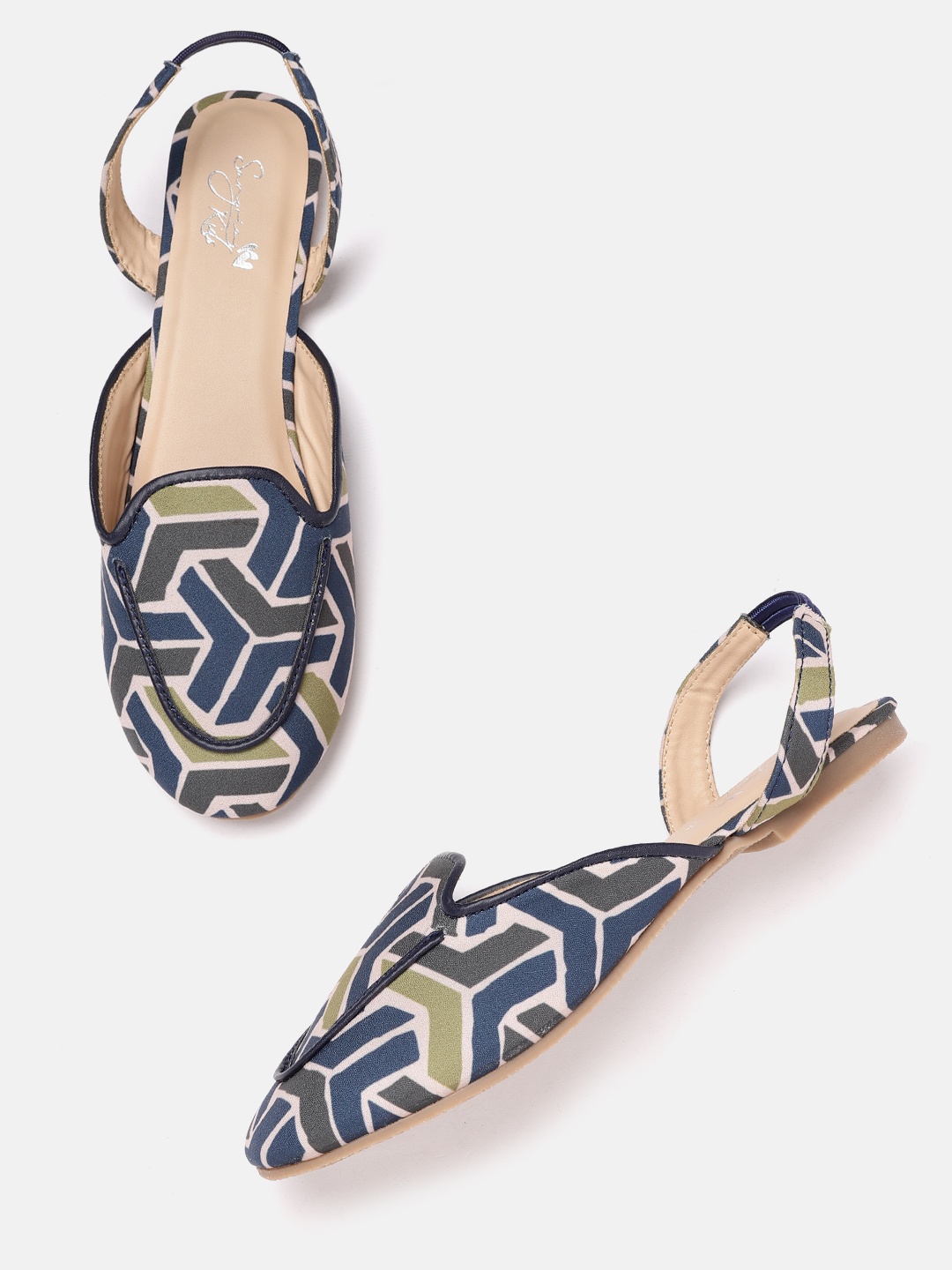 

Sangria Girls Teal Blue & Off White Geometric Printed Mules