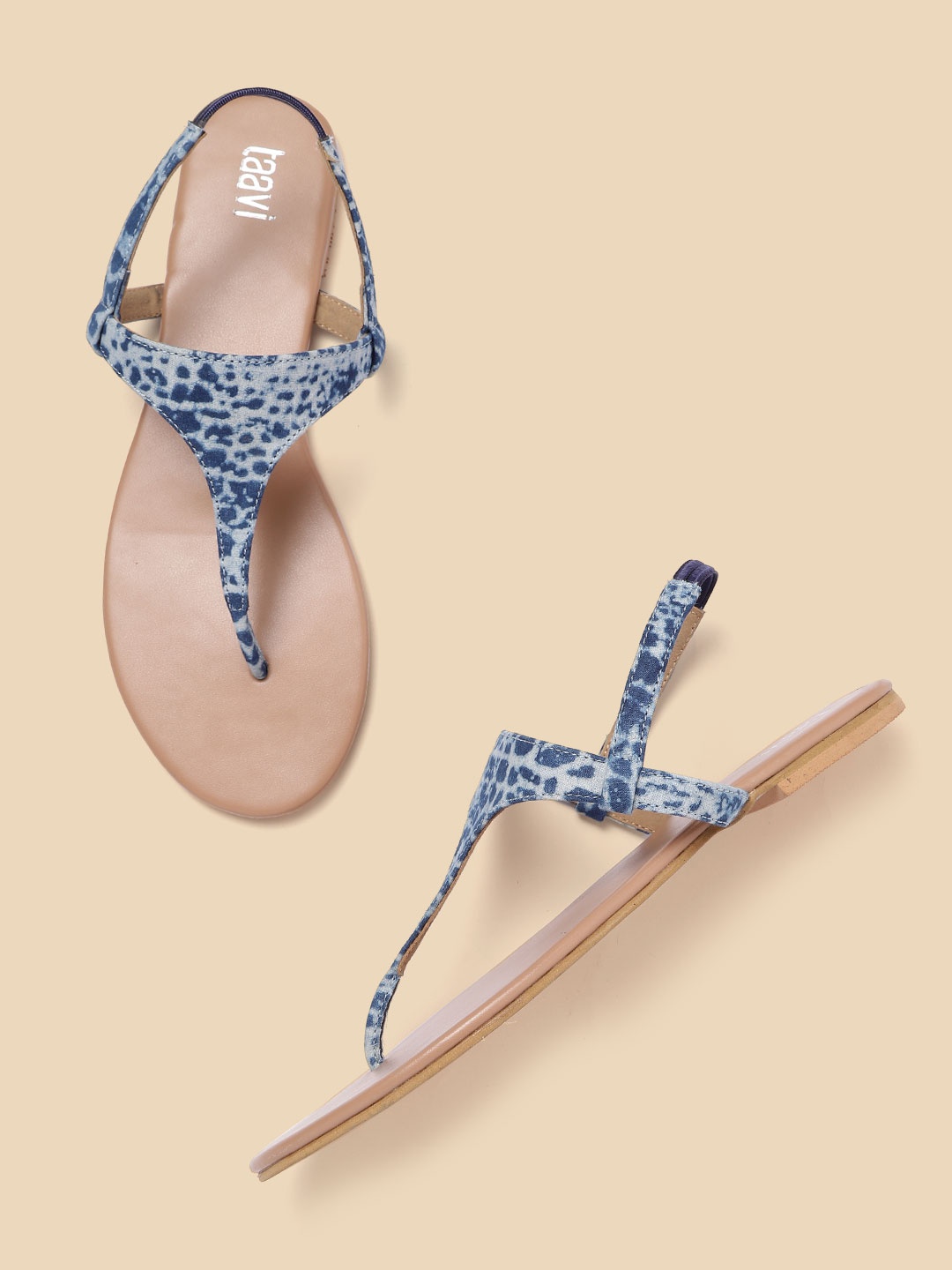 

Taavi Women Blue Printed T-Strap Flats