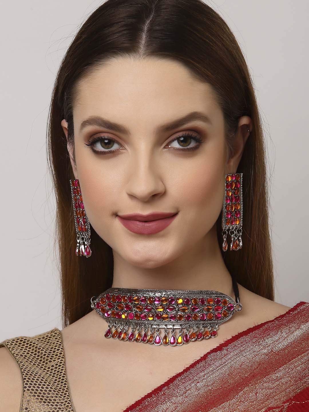 

Arrabi Oxidised Silver-Toned Orange & Pink Stone-Studded Jewellery Set