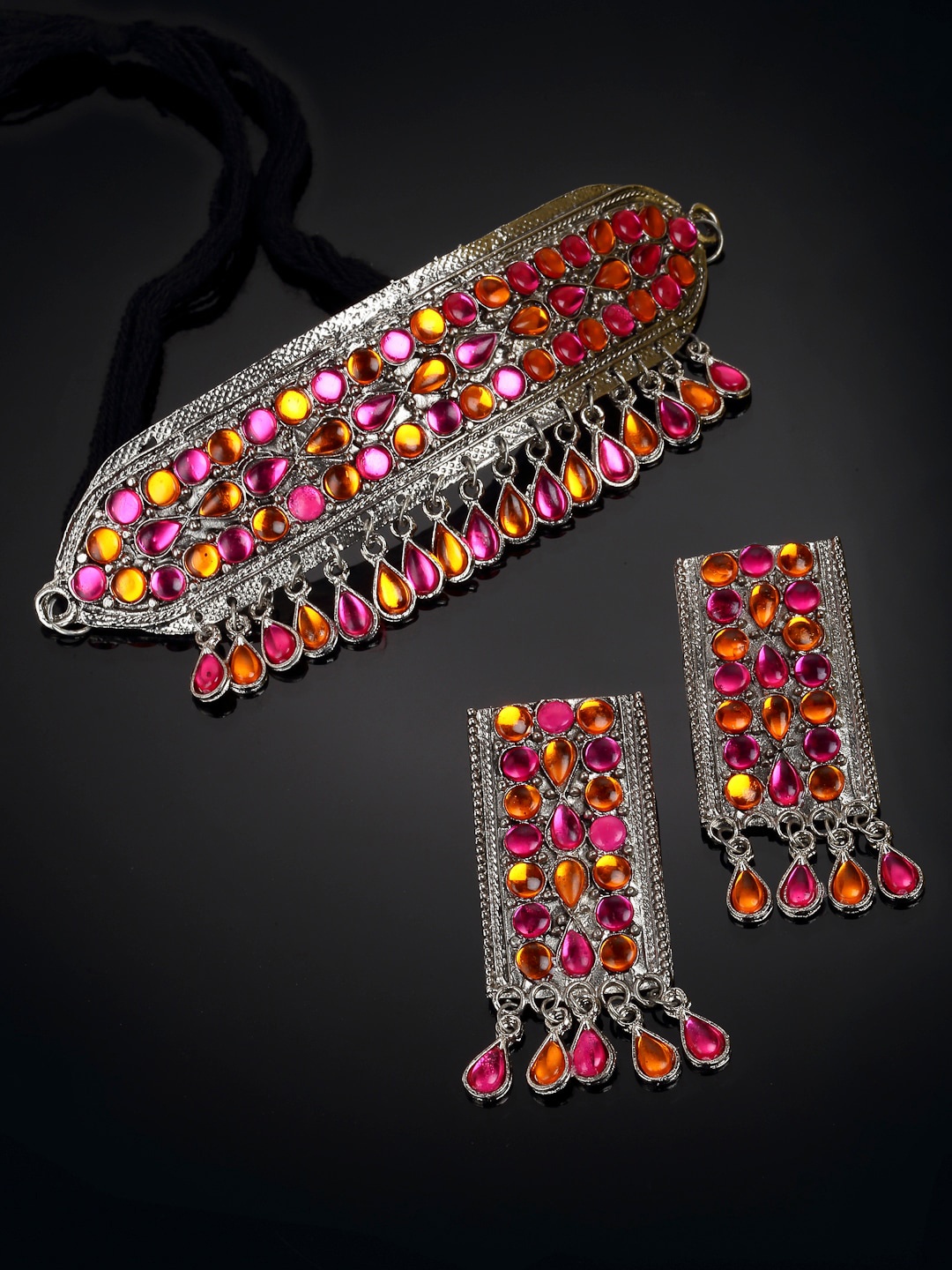 

Arrabi Oxidised Silver-Toned Orange & Pink Stone-Studded Jewellery Set
