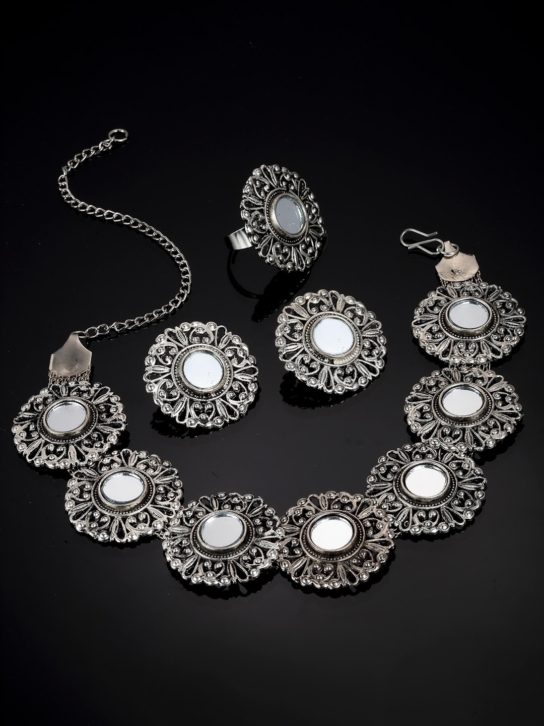 

Arrabi Silver-Toned Mirror-Studded Oxidised Jewellery Set