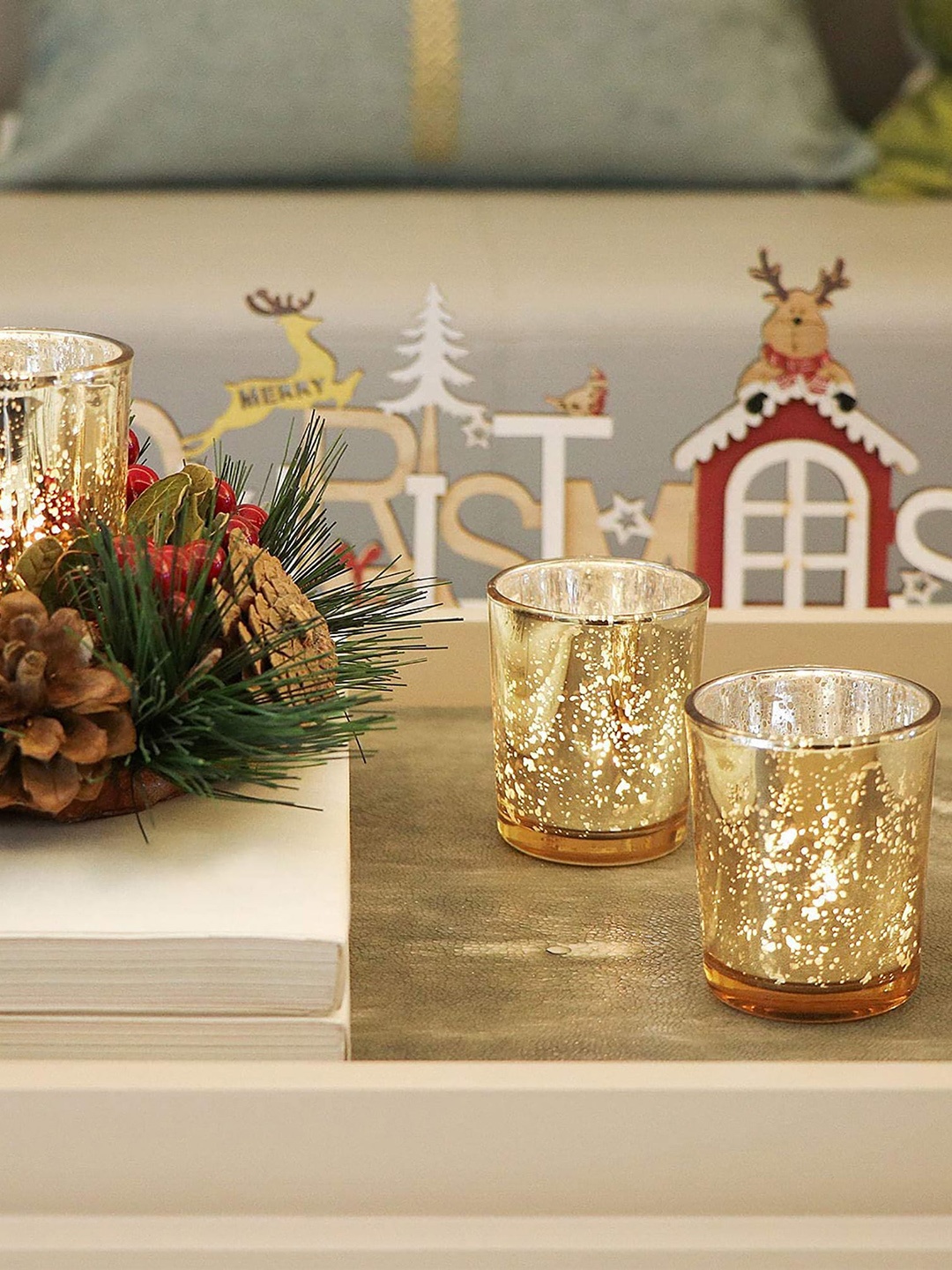 

Homesake Gold-Toned Set of 10 Mercury Silver Printed Glass T-Light Holder