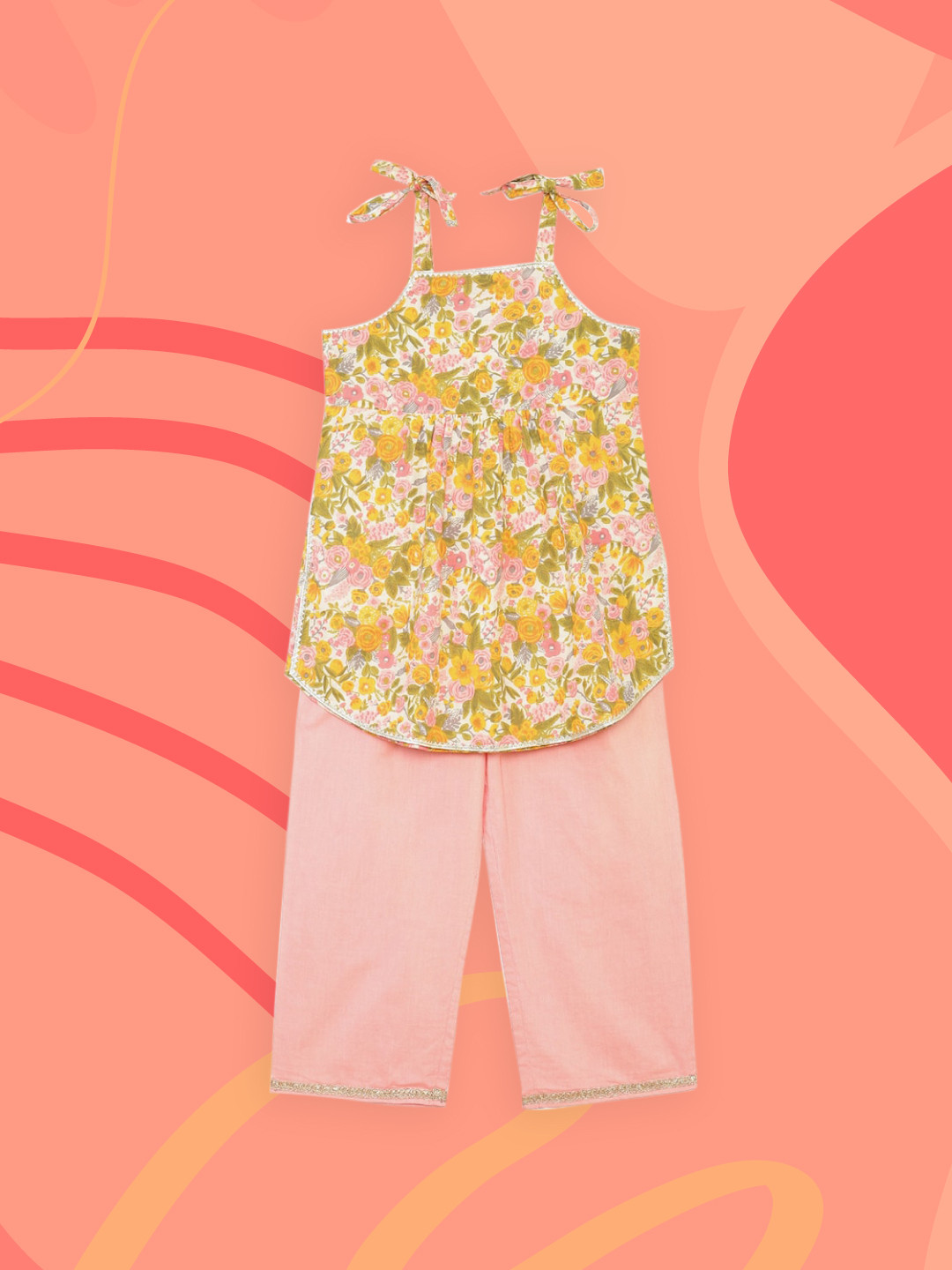 

Biba Girls Pink Floral Printed Pure Cotton Kurti with Pyjamas
