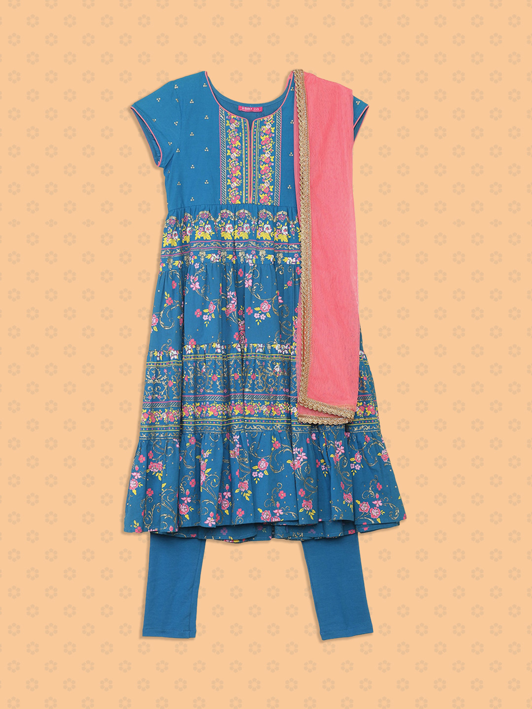 

Biba Girls Blue Floral Printed Pure Cotton Kurta with Salwar & Dupatta