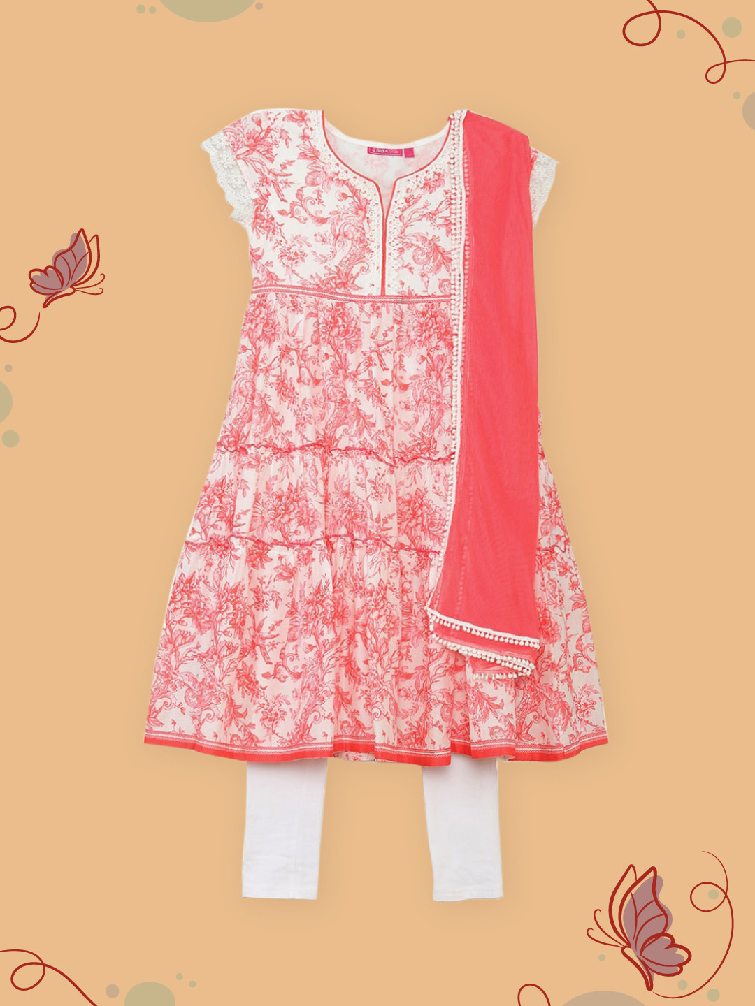 

Biba Girls Pink Ethnic Motifs Printed Empire Pure Cotton Kurti with Churidar & With Dupatta