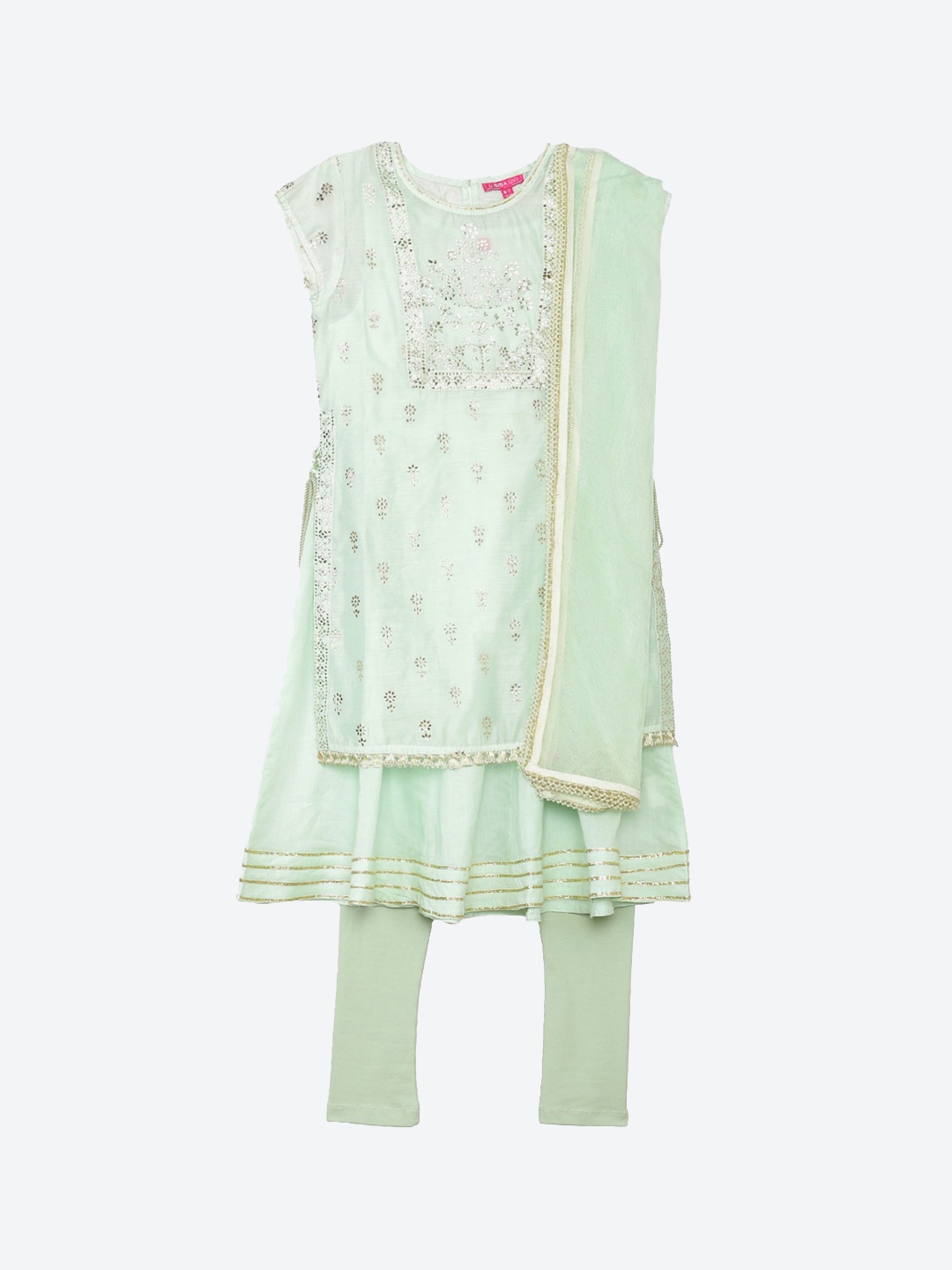 

Biba Girls Blue Floral Embroidered High Slit Kurti with Churidar & Dupatta