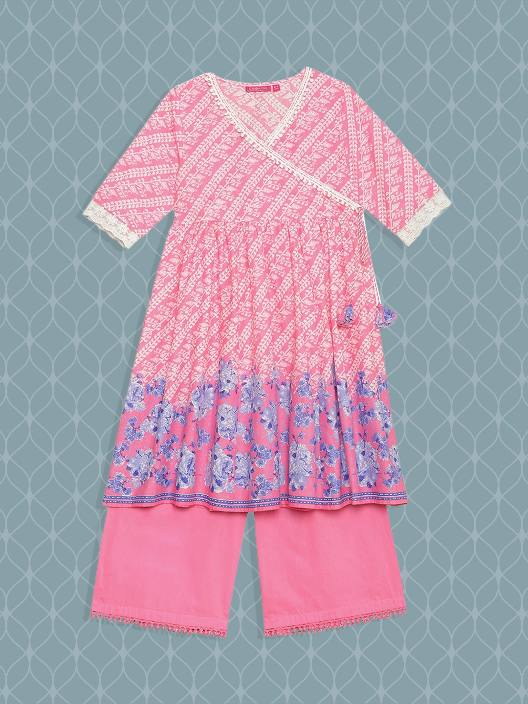 

Biba Girls Pink Floral Printed Angrakha Pure Cotton Kurta with Palazzos