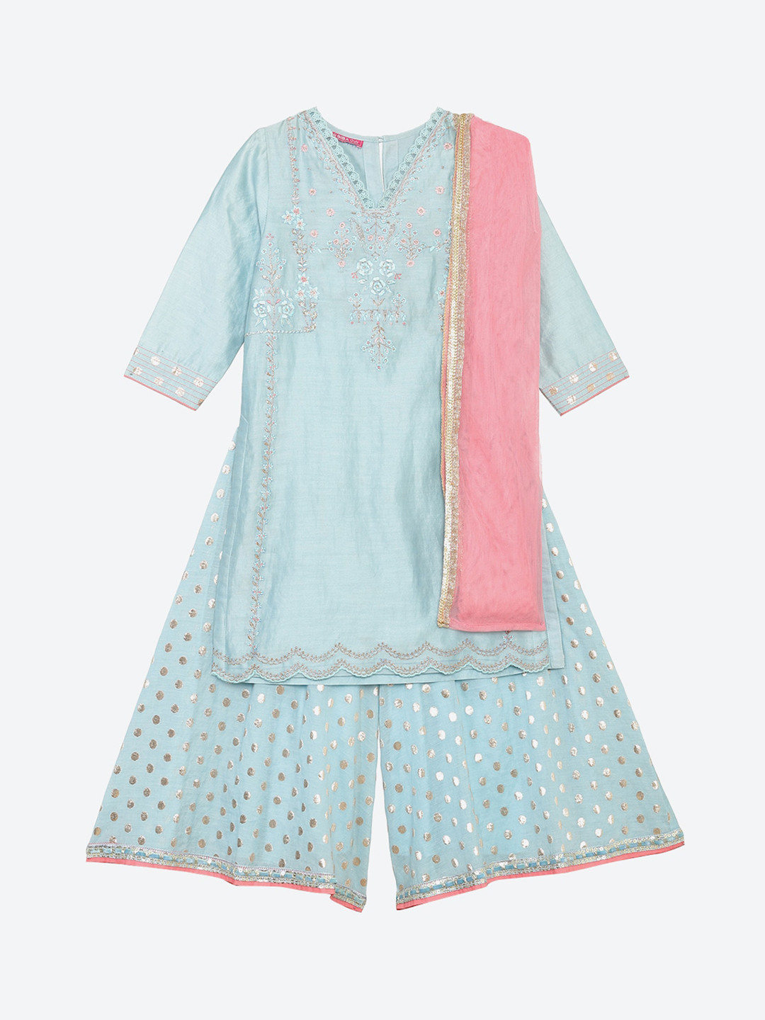 

Biba Girls Blue Embroidered Kurti with Salwar & Dupatta