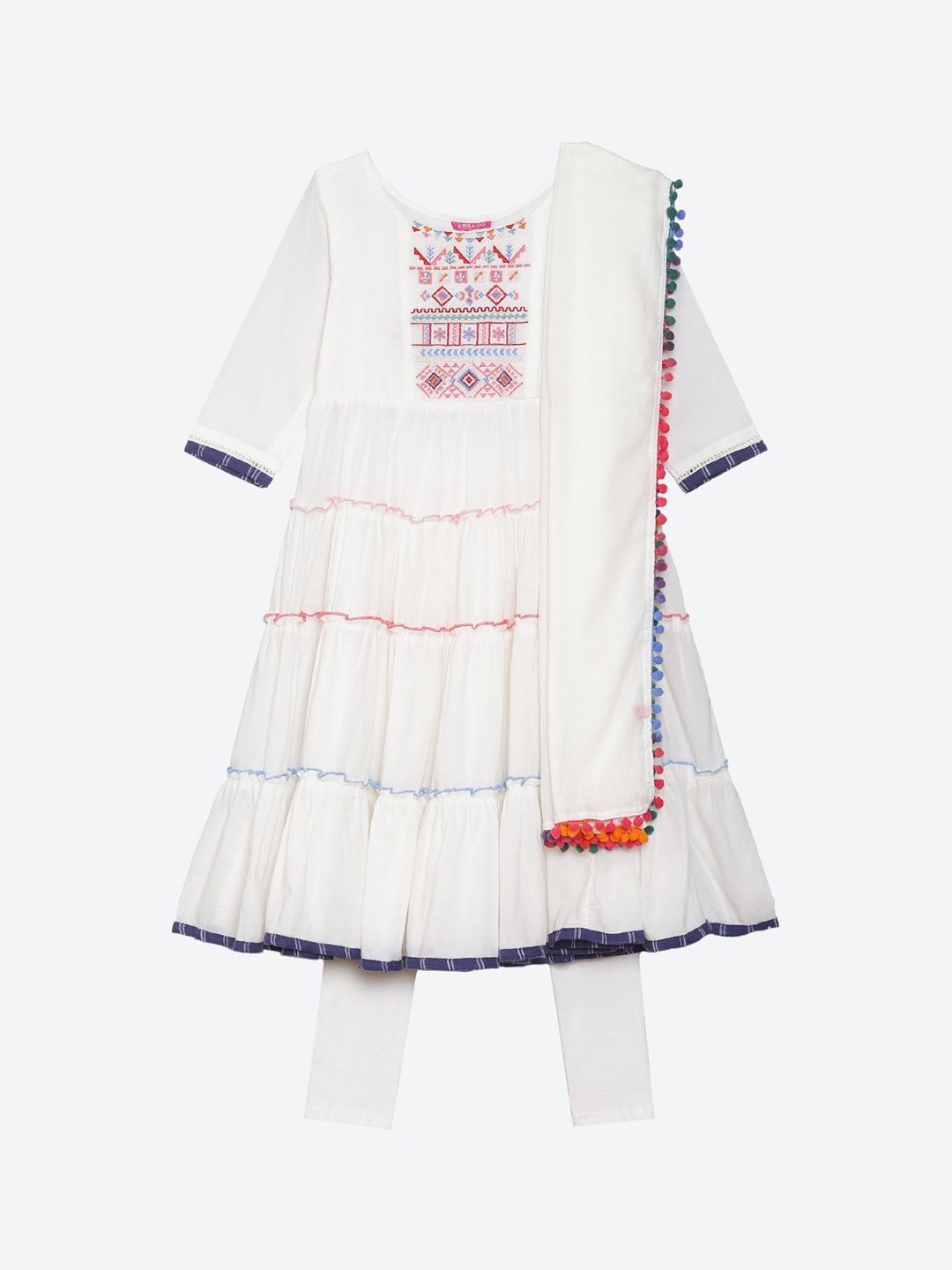 

Biba Girls Off White Yoke Design Embroidered Tiered Kurta With Leggings & Dupatta
